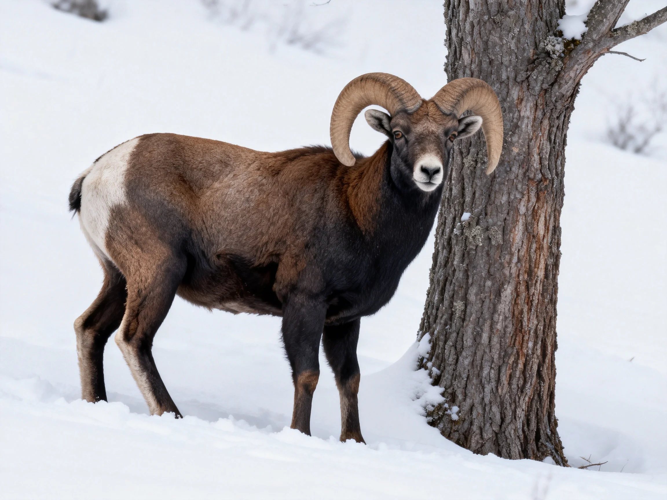A brown and black horned ram near a snow-laden tree