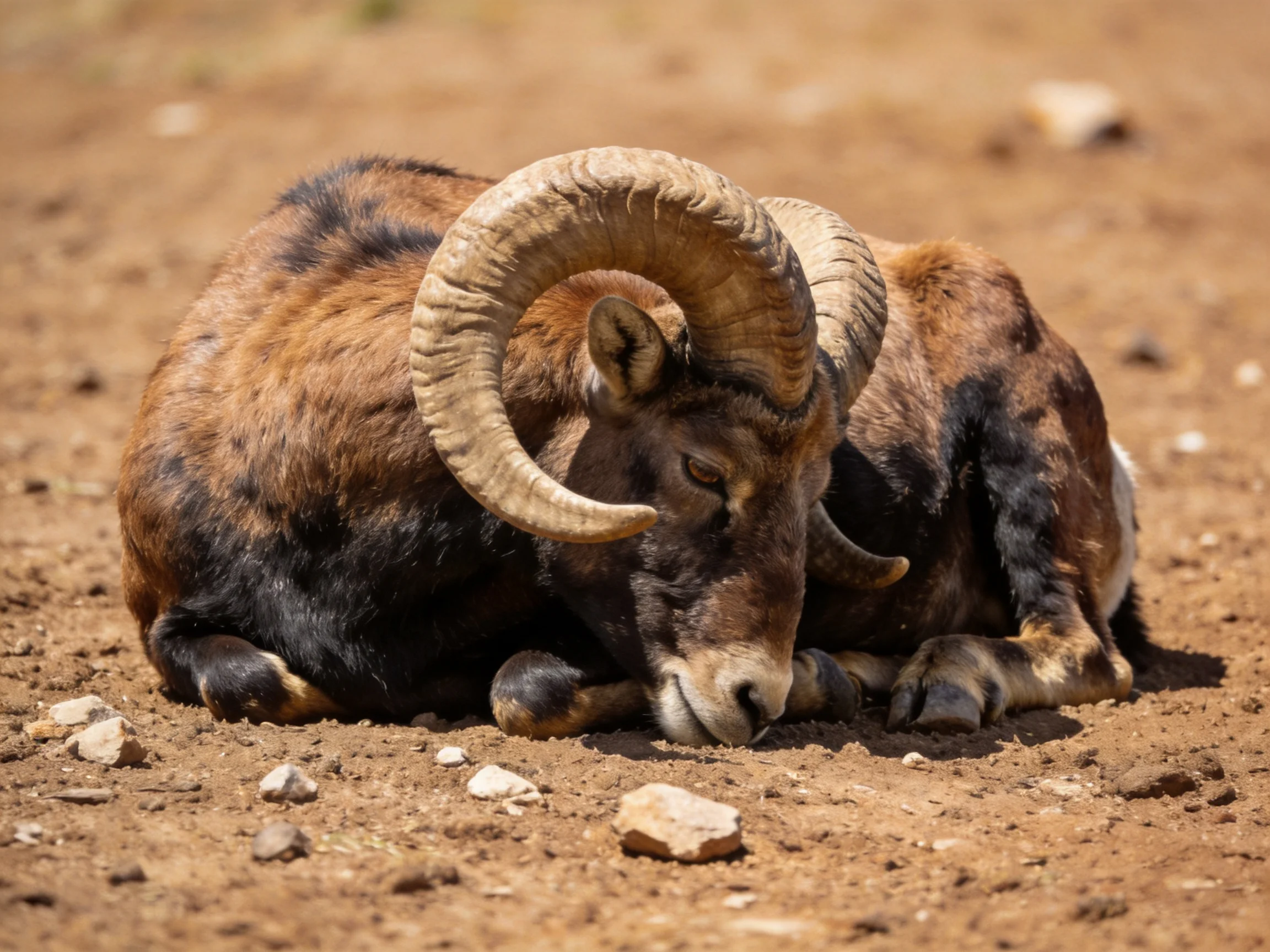 A brown and black horned ram resting on dusty terrain