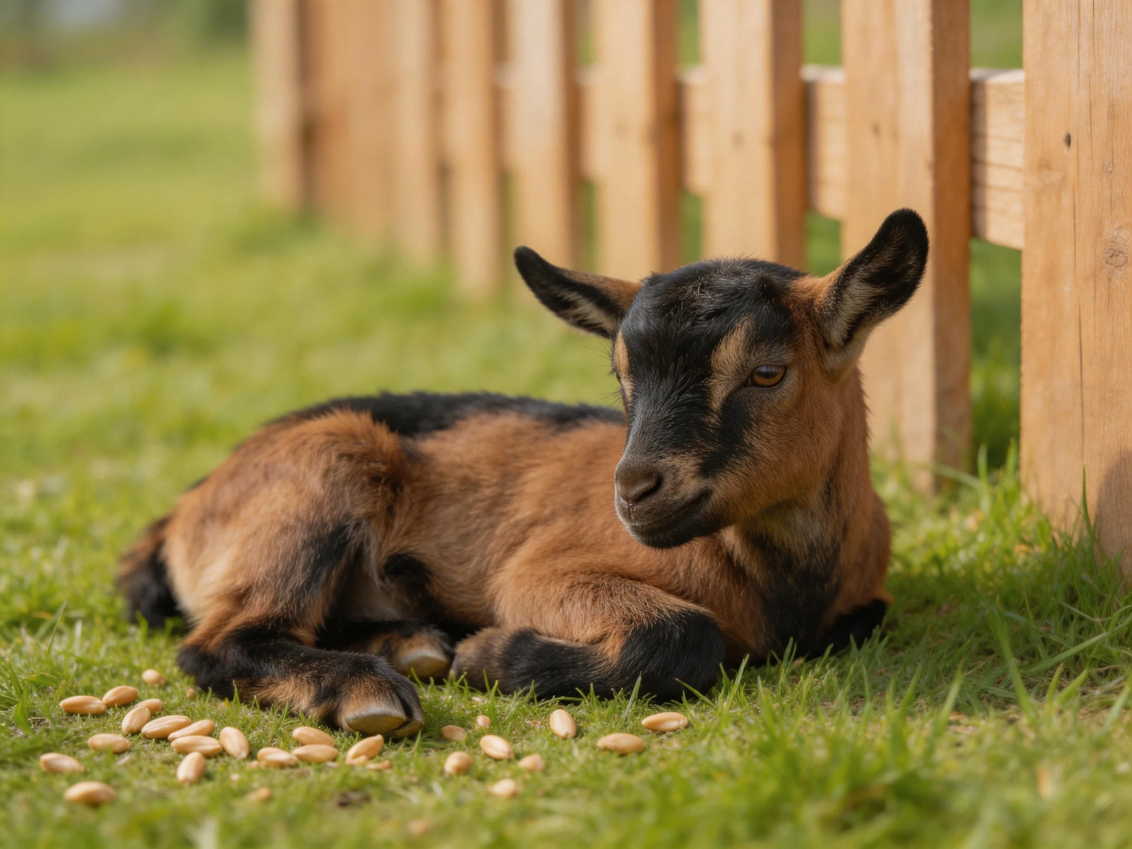 A brown and black kid resting near a wooden fence with scattered seeds
