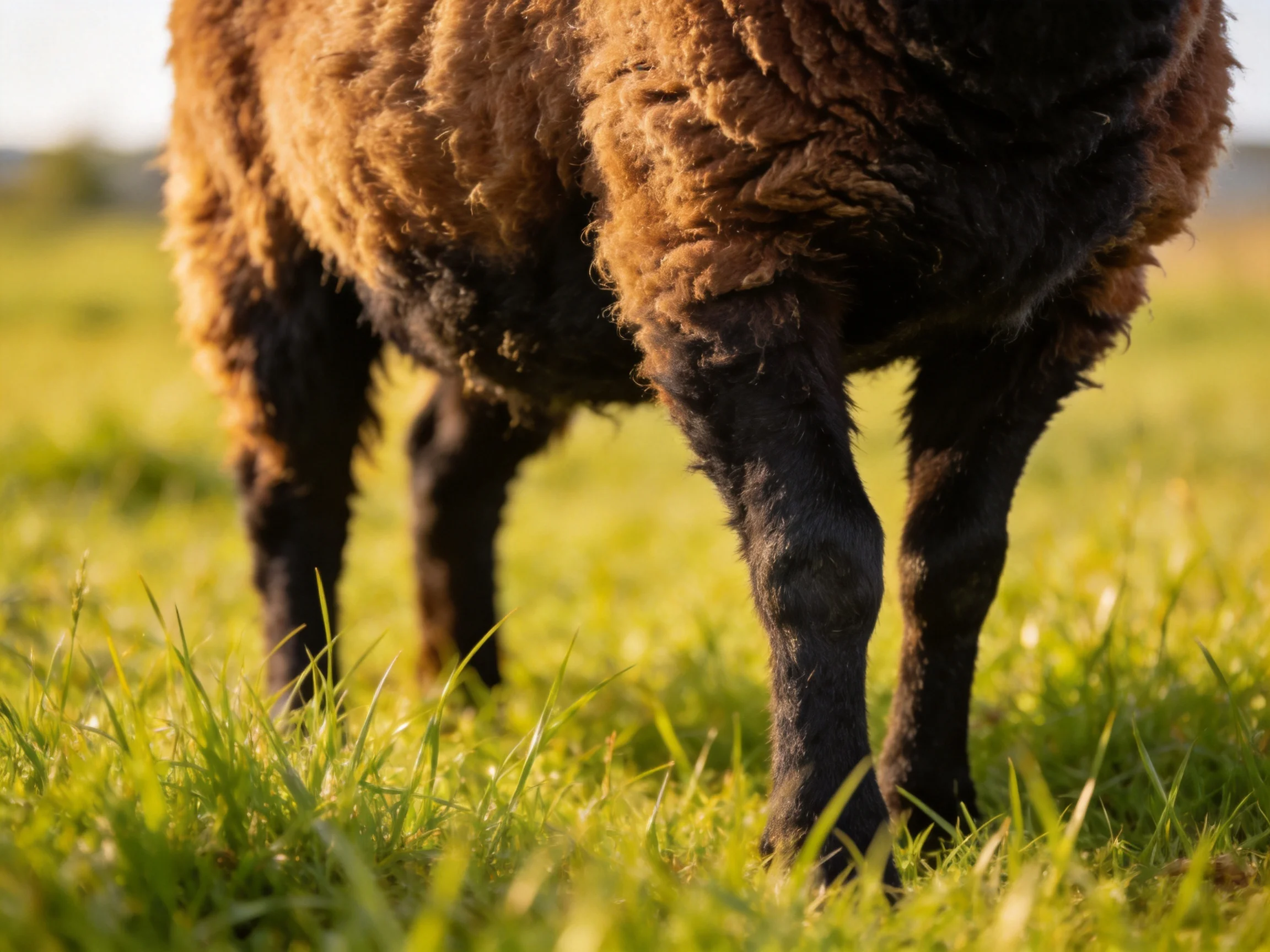 A brown and black sheep stands in lush green grass