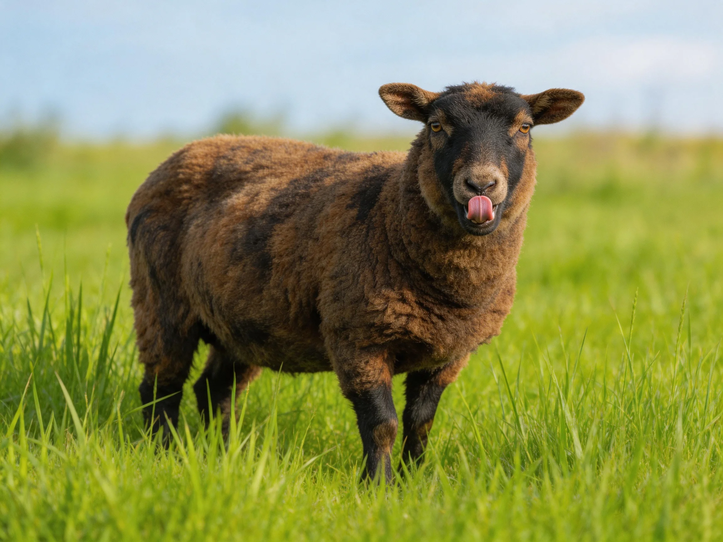 A brown and black sheep stands in tall green grass with tongue out.