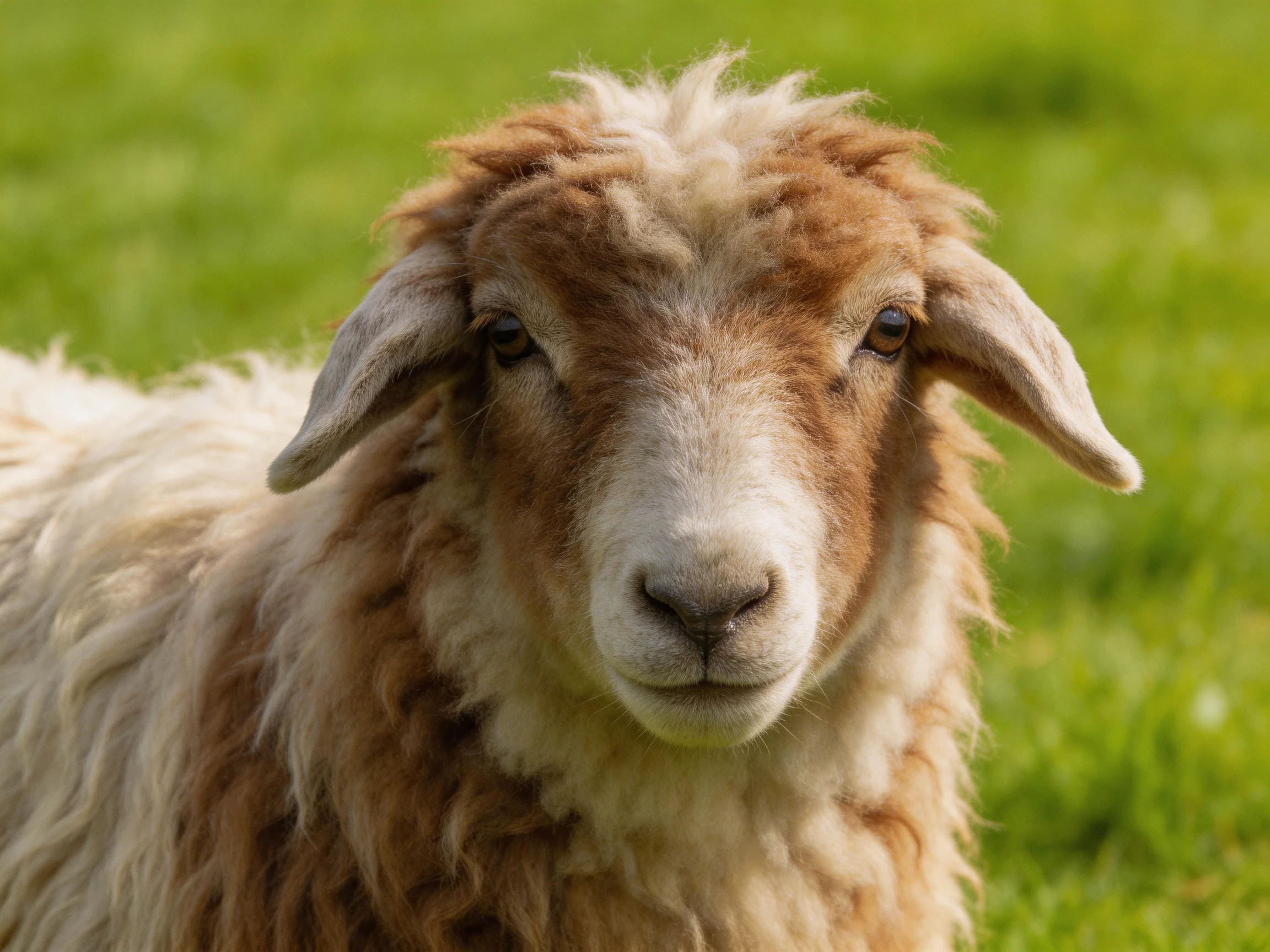 A brown and cream-colored sheep looks directly at the viewer near green grass.