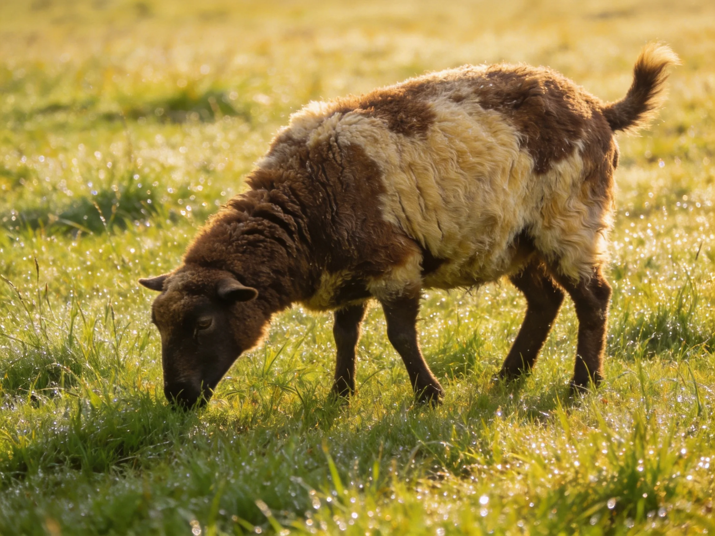 A brown and cream sheep grazing in dewy green pasture