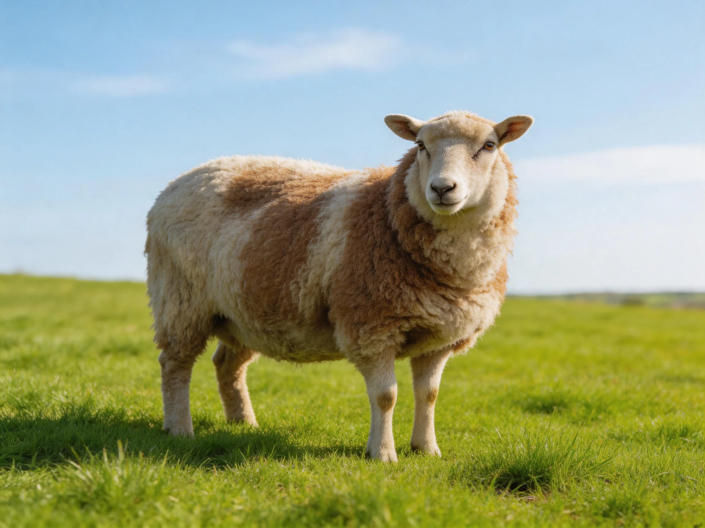 A brown and cream sheep stands in a lush green meadow under bright blue sky