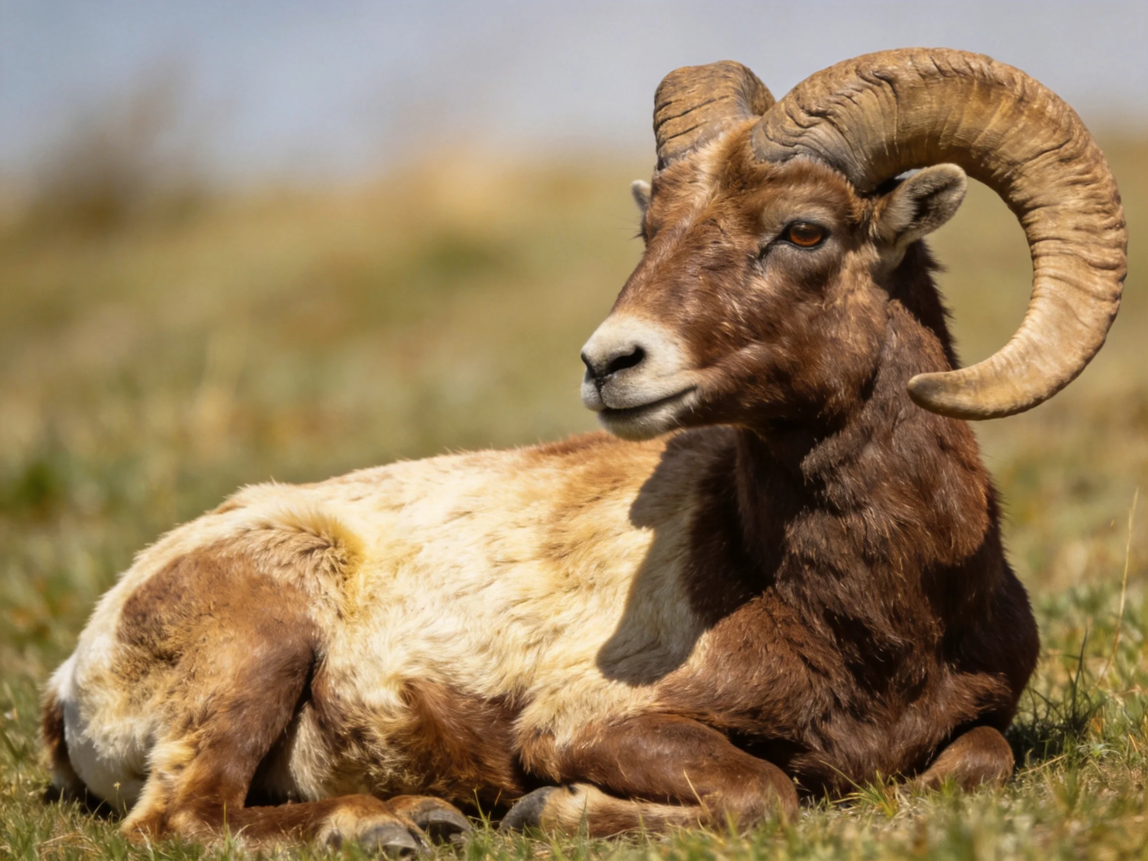 A brown and tan bighorn sheep rests in an open grassland