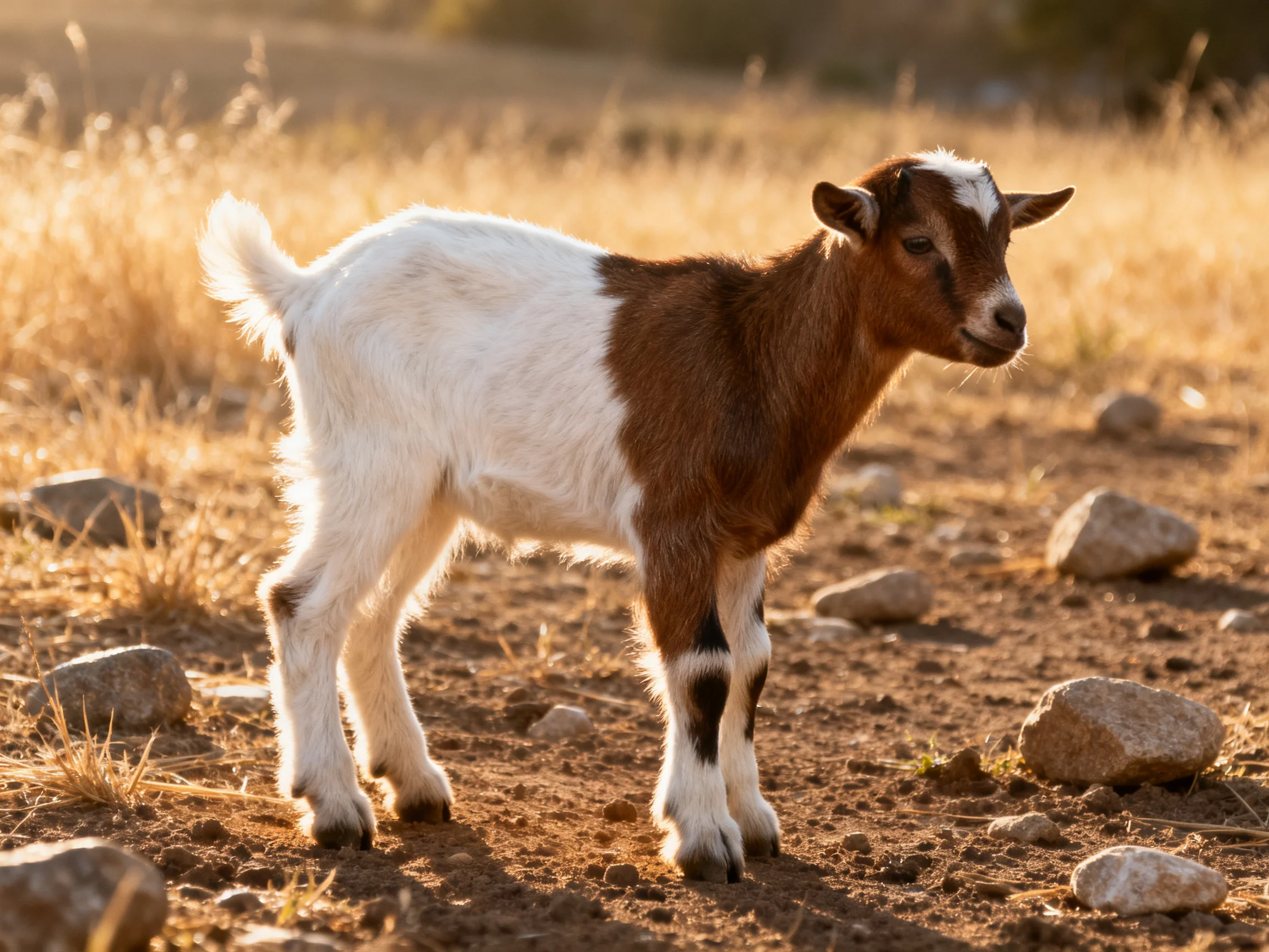 A brown-and-white baby goat stands among scattered rocks in a golden field.