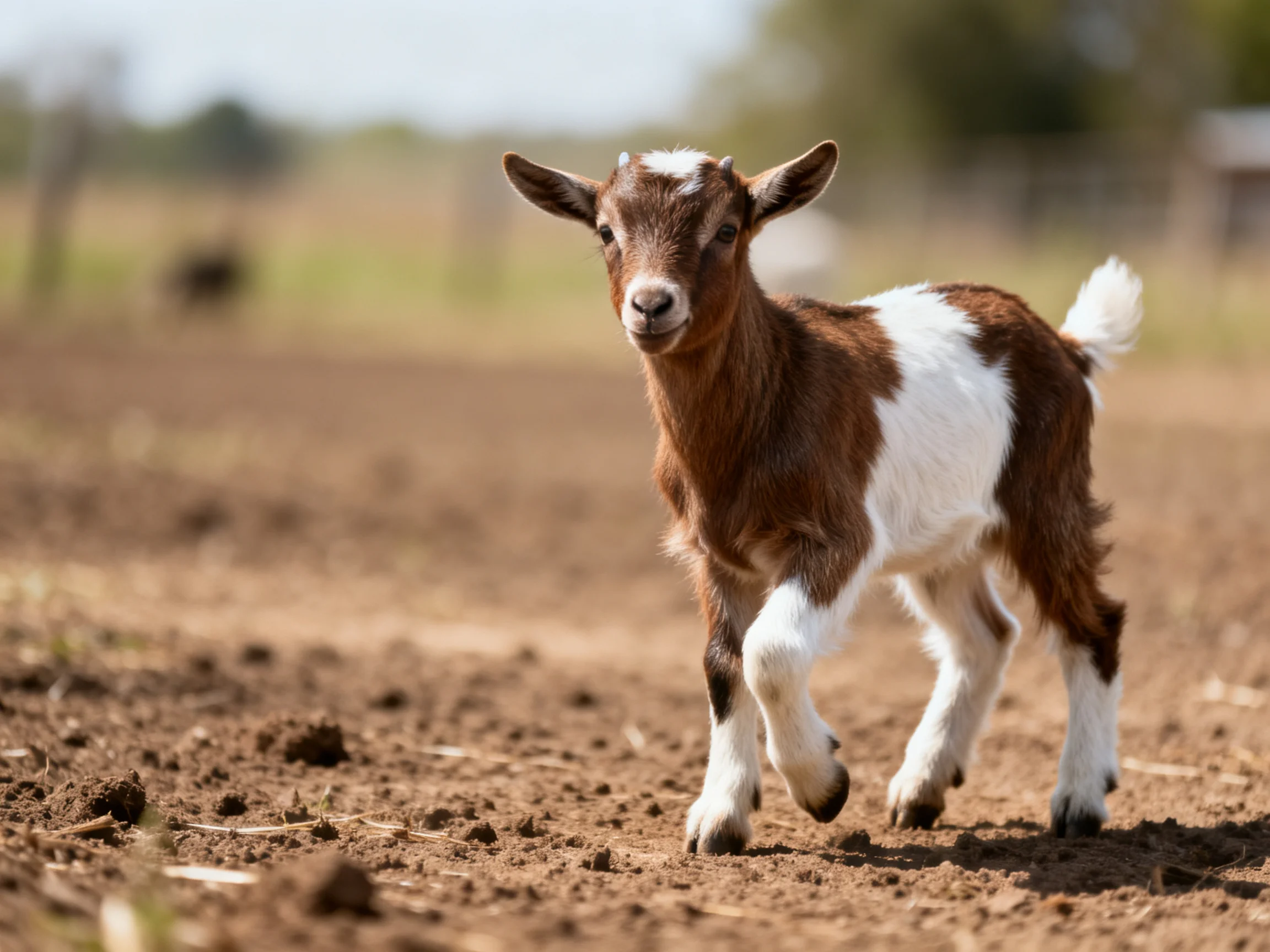 A brown and white baby goat walking on dry earth