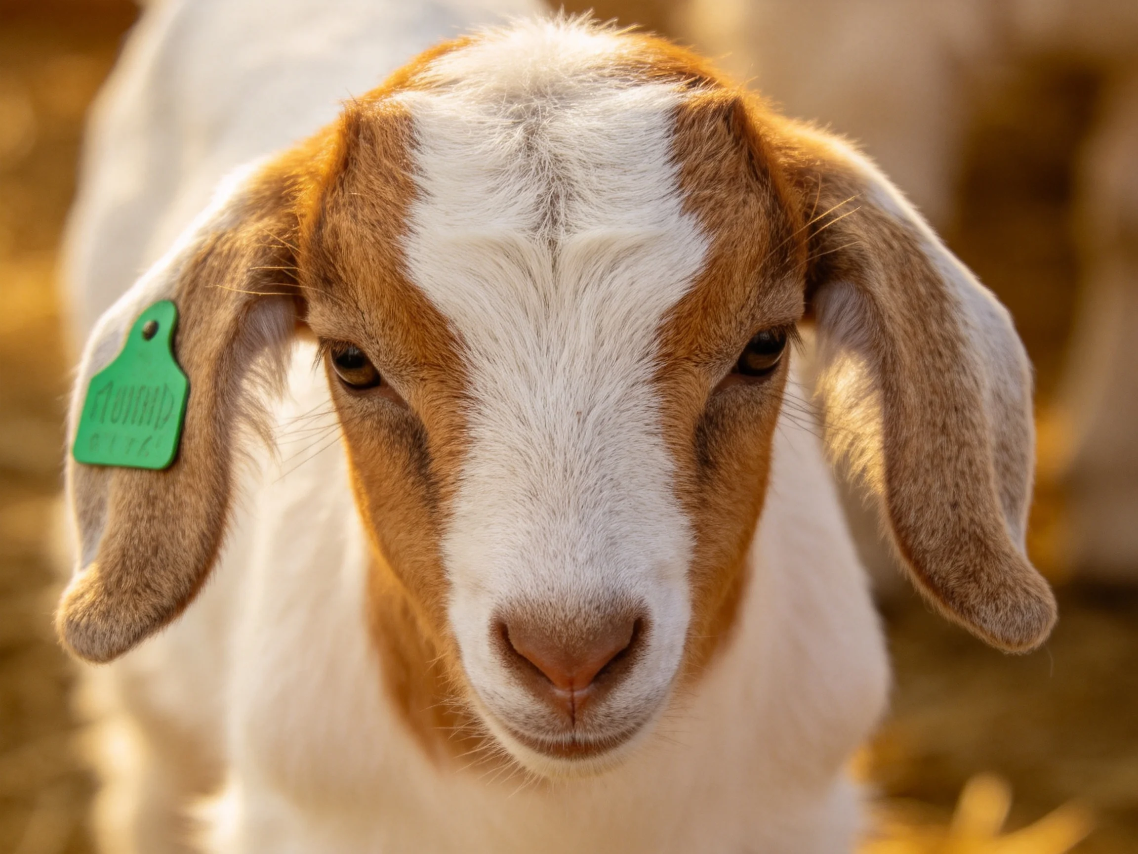 A brown and white baby goat with a green ear tag