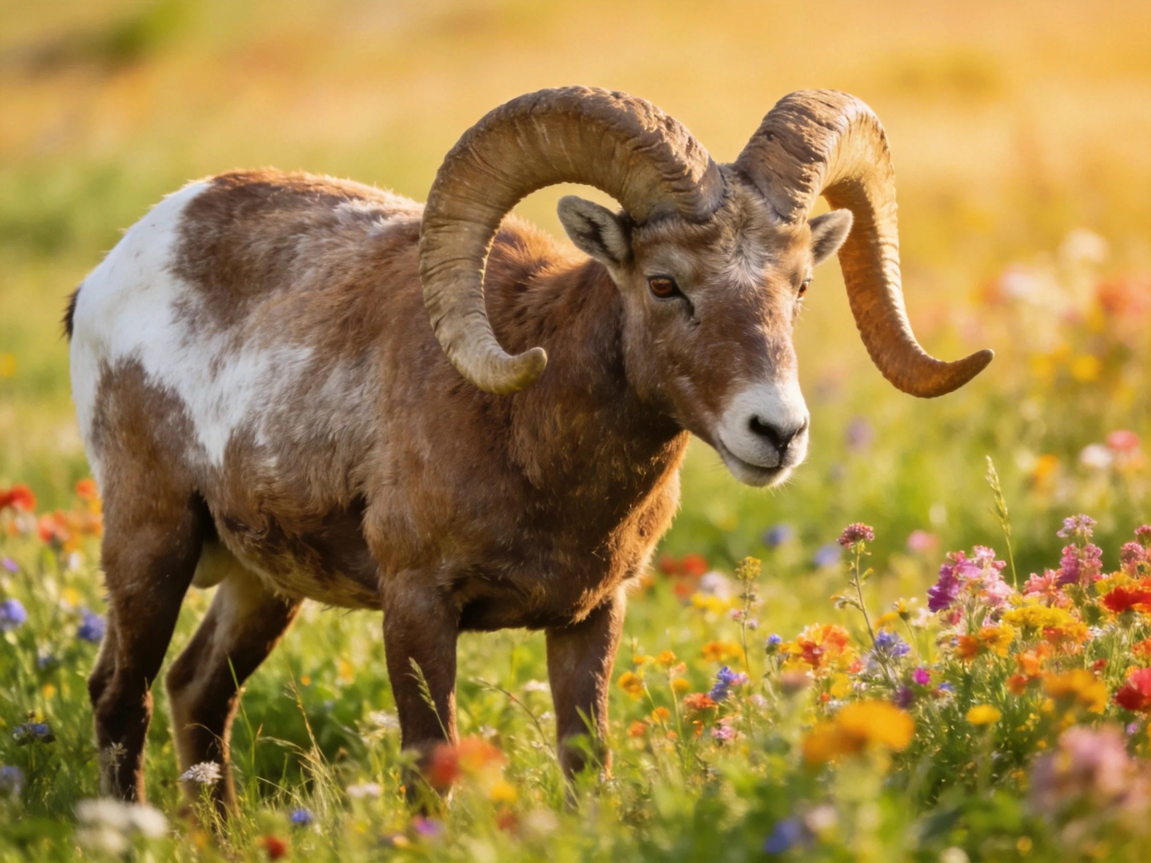 A brown and white bighorn ram among vibrant wildflowers