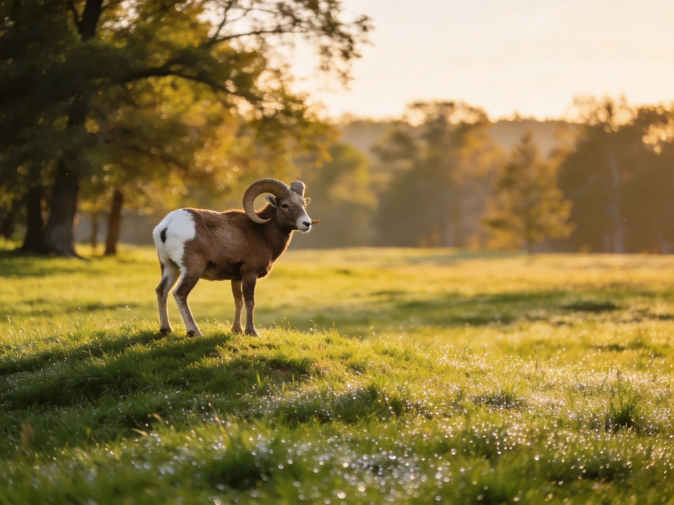 A brown and white bighorn sheep in a sun-drenched meadow with trees
