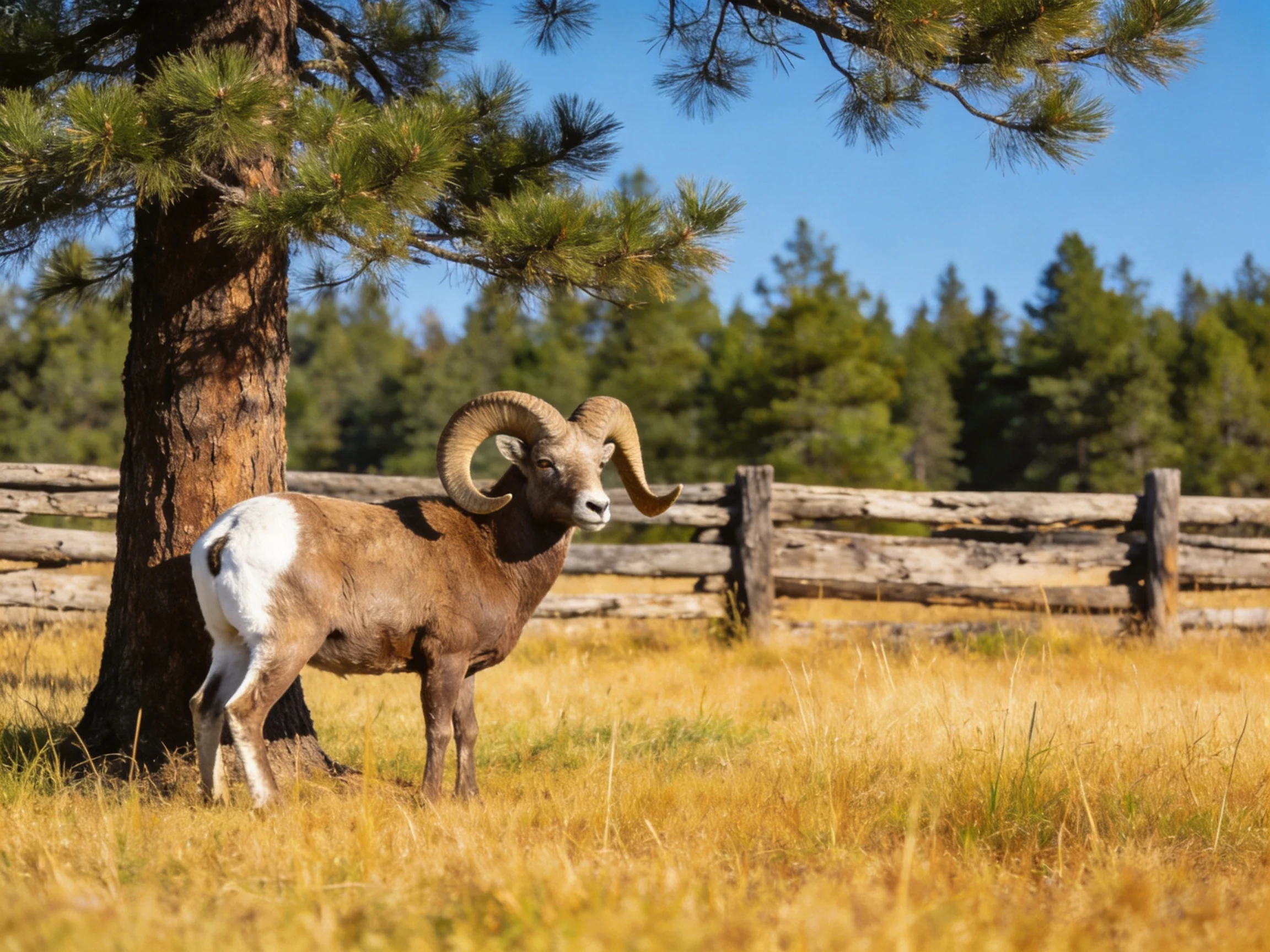 A brown and white bighorn sheep stands beside a pine tree