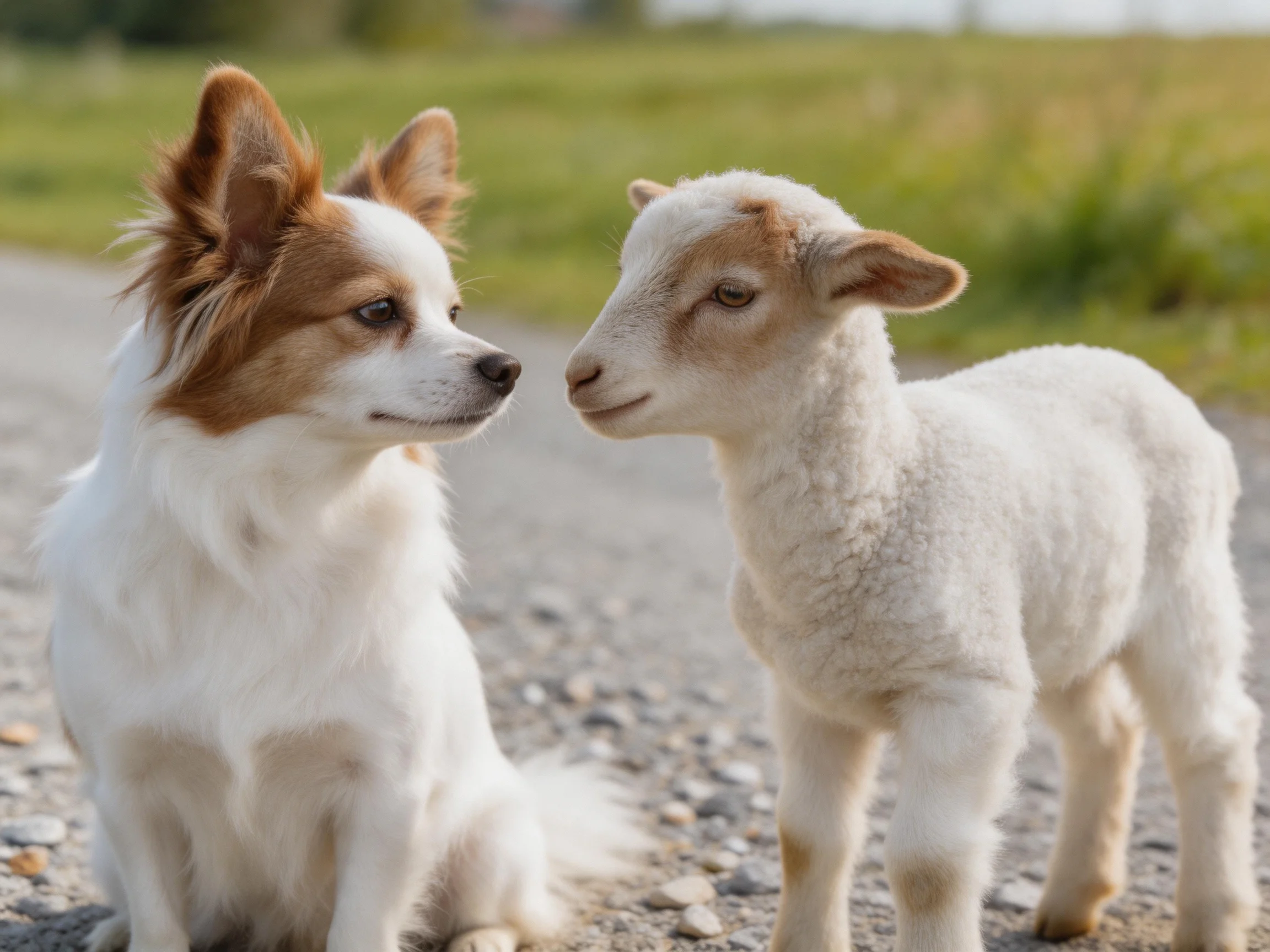 A small dog and lamb gaze at each other on a gravel path near a green field