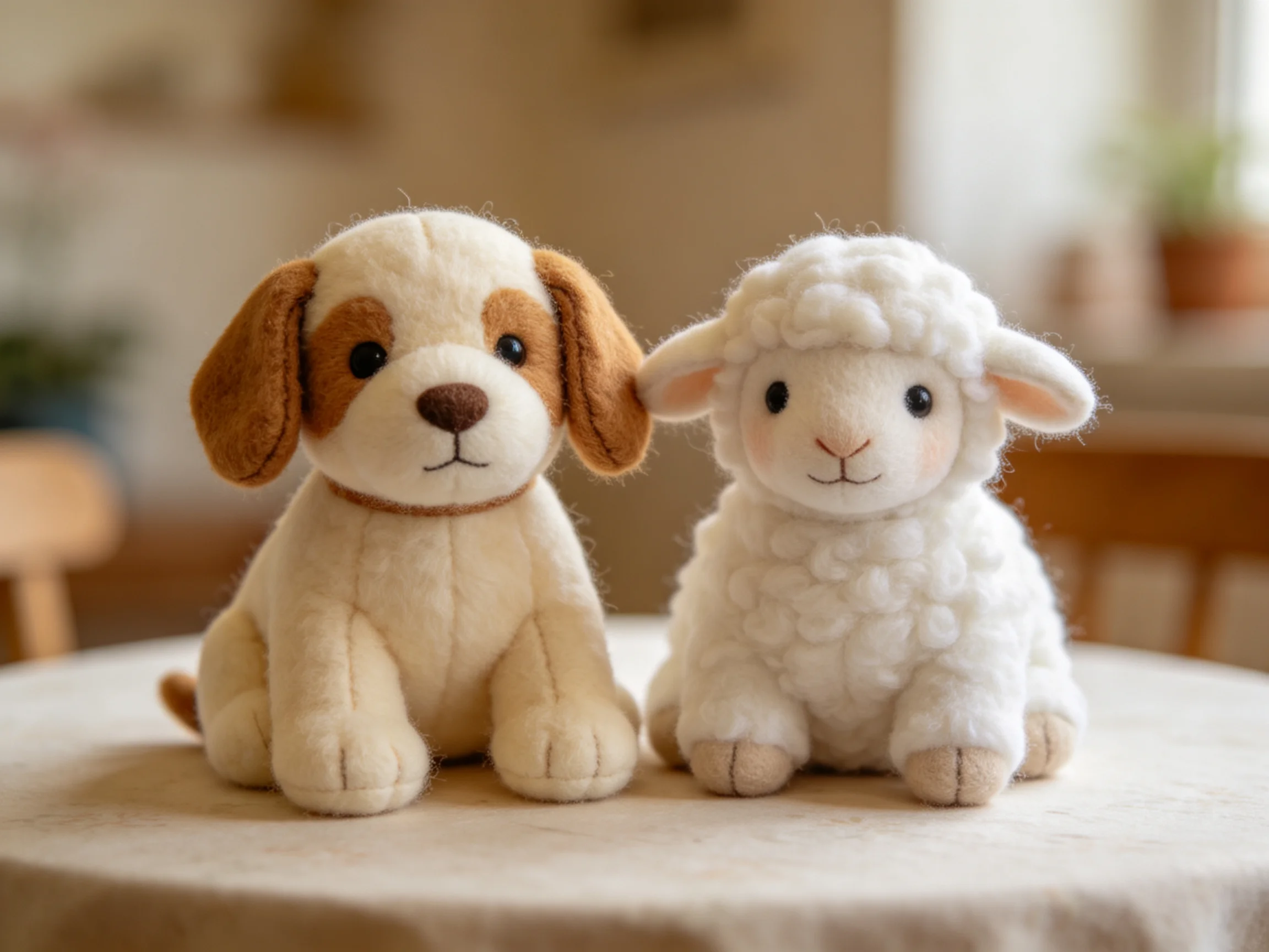 A brown-and-white dog plush and white sheep plush sit together on a table.