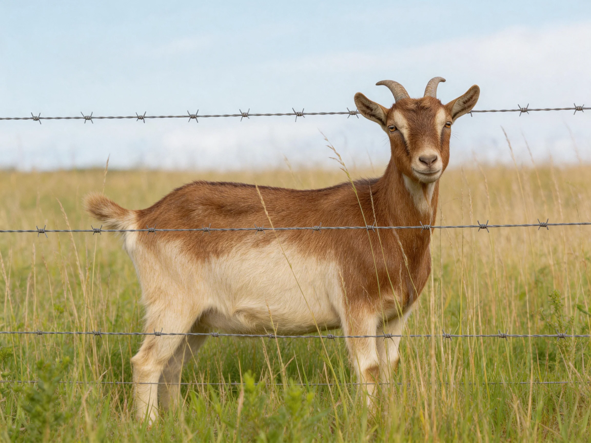 A brown and white goat behind barbed wire in grassy field