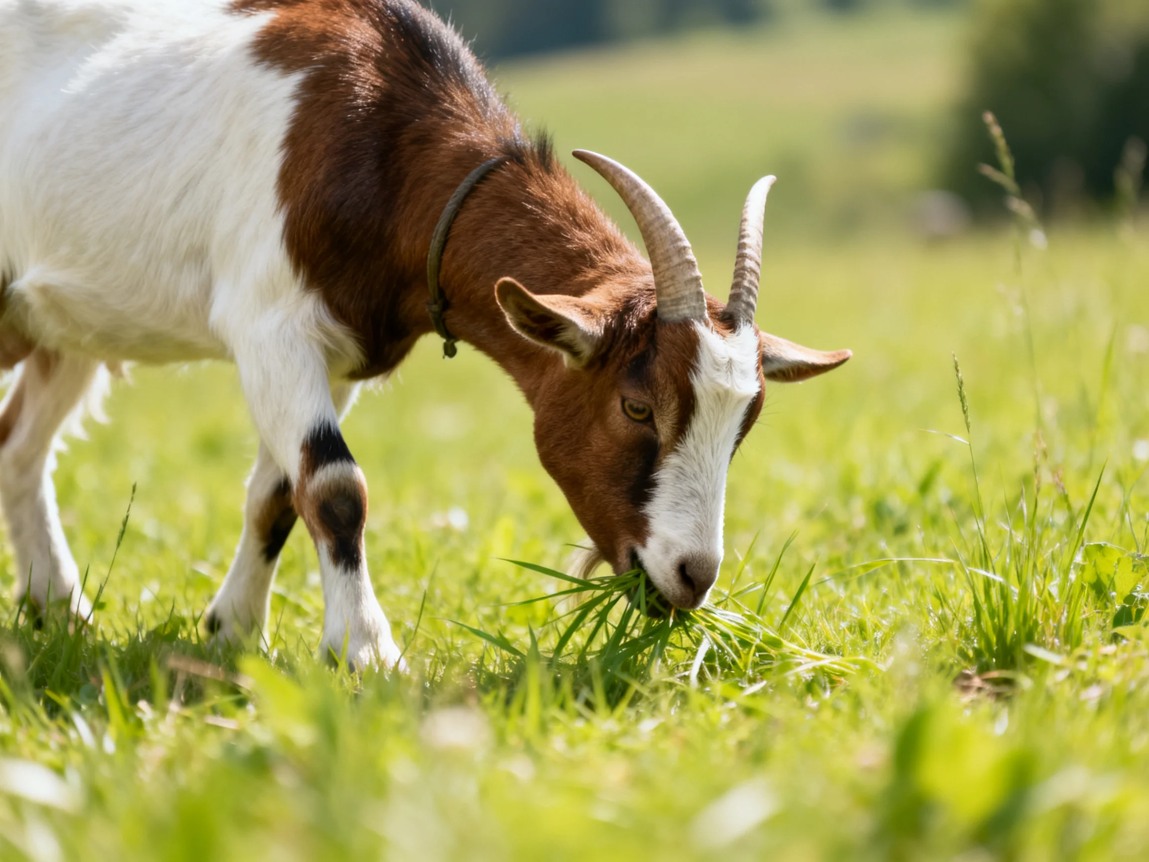 A brown and white goat grazes in a lush green meadow