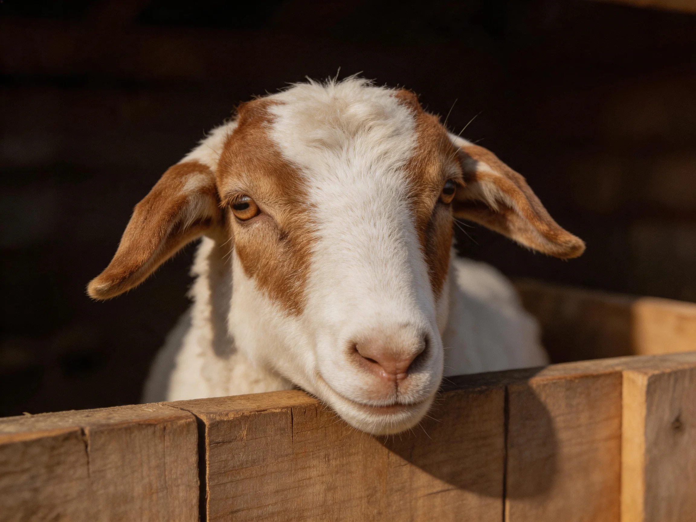 A brown and white goat peers over a wooden fence in warm light