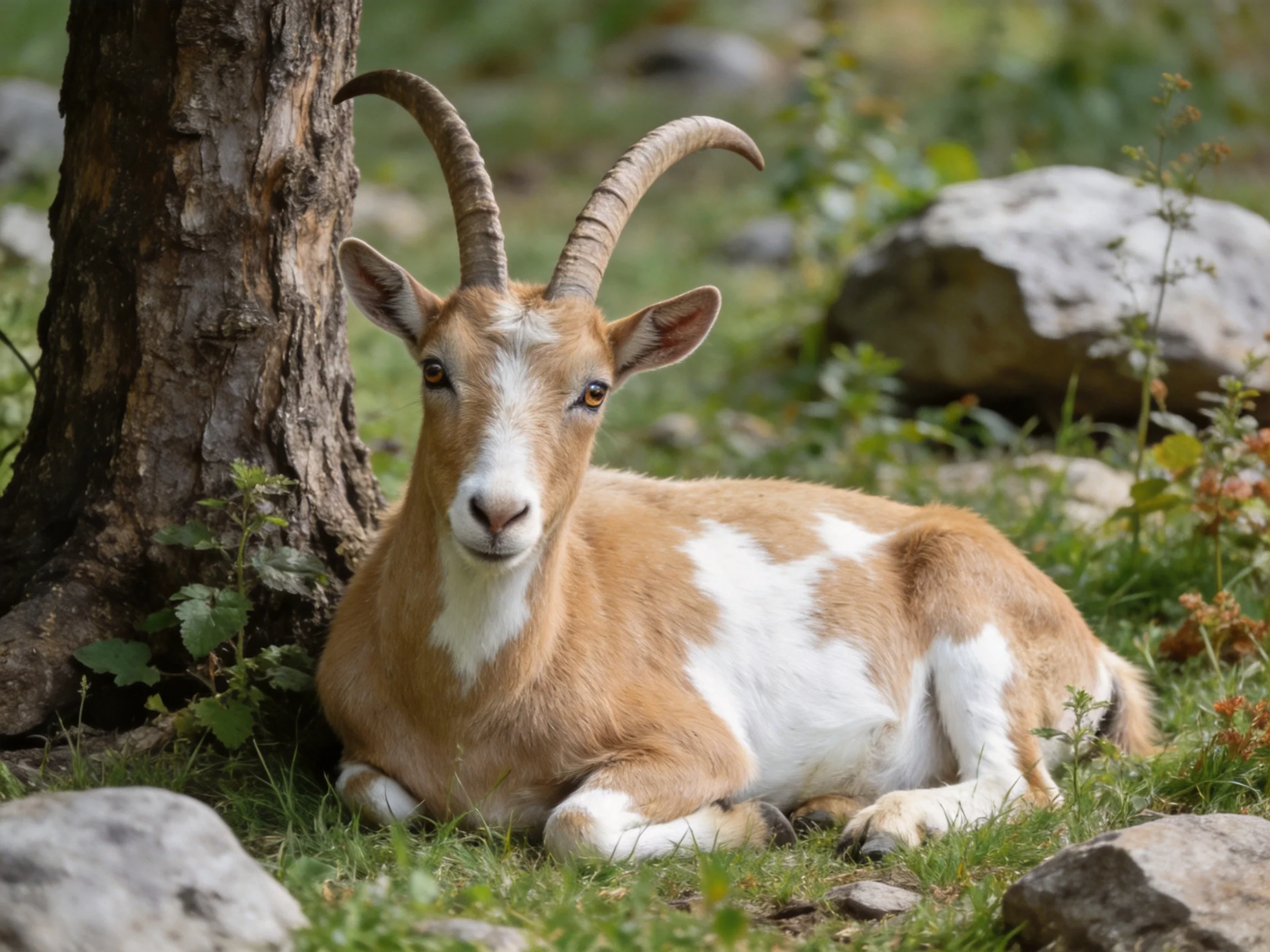 A brown and white goat resting by a tree with curved horns
