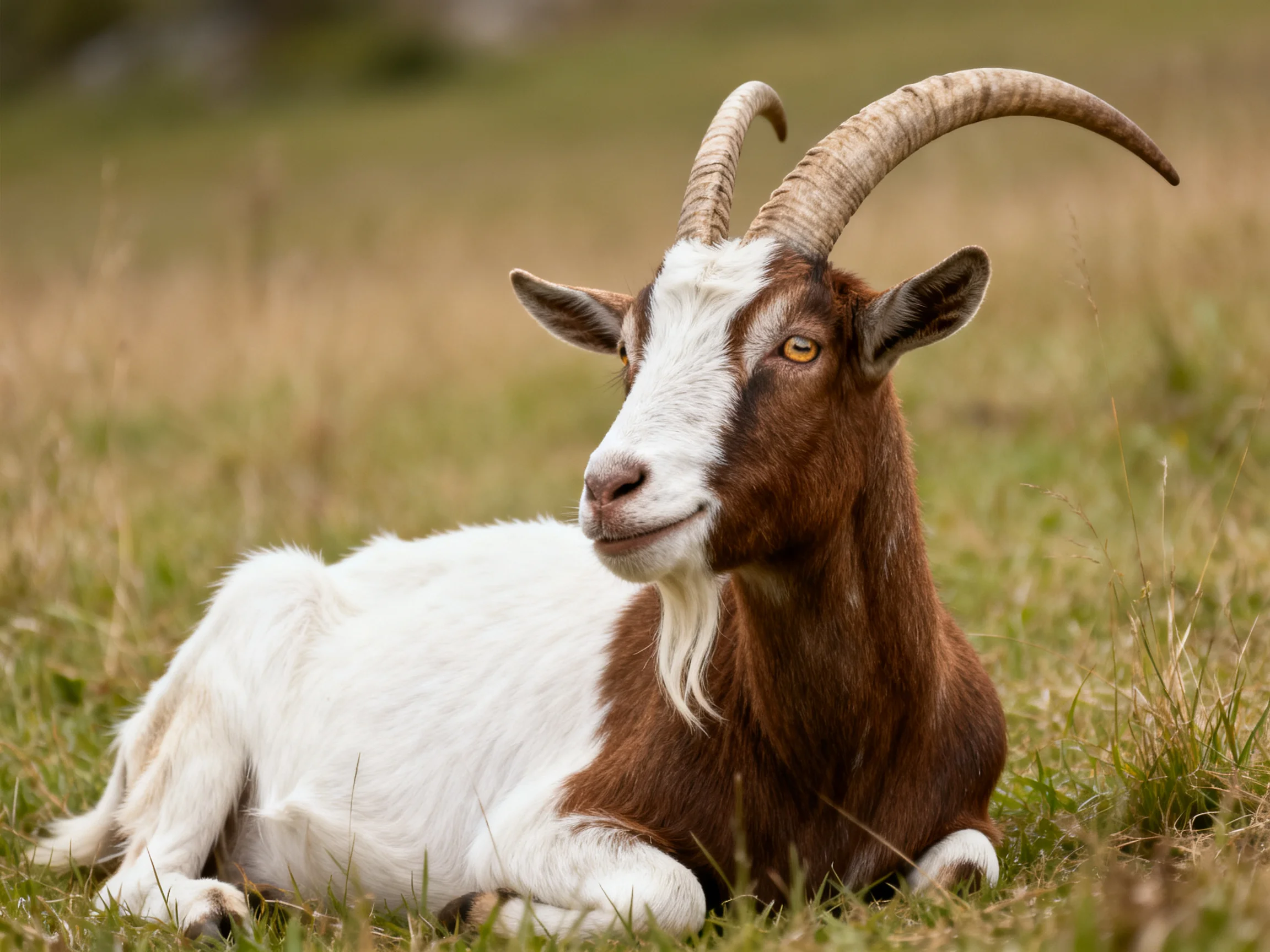 A brown and white goat resting in a grassy field with curved horns