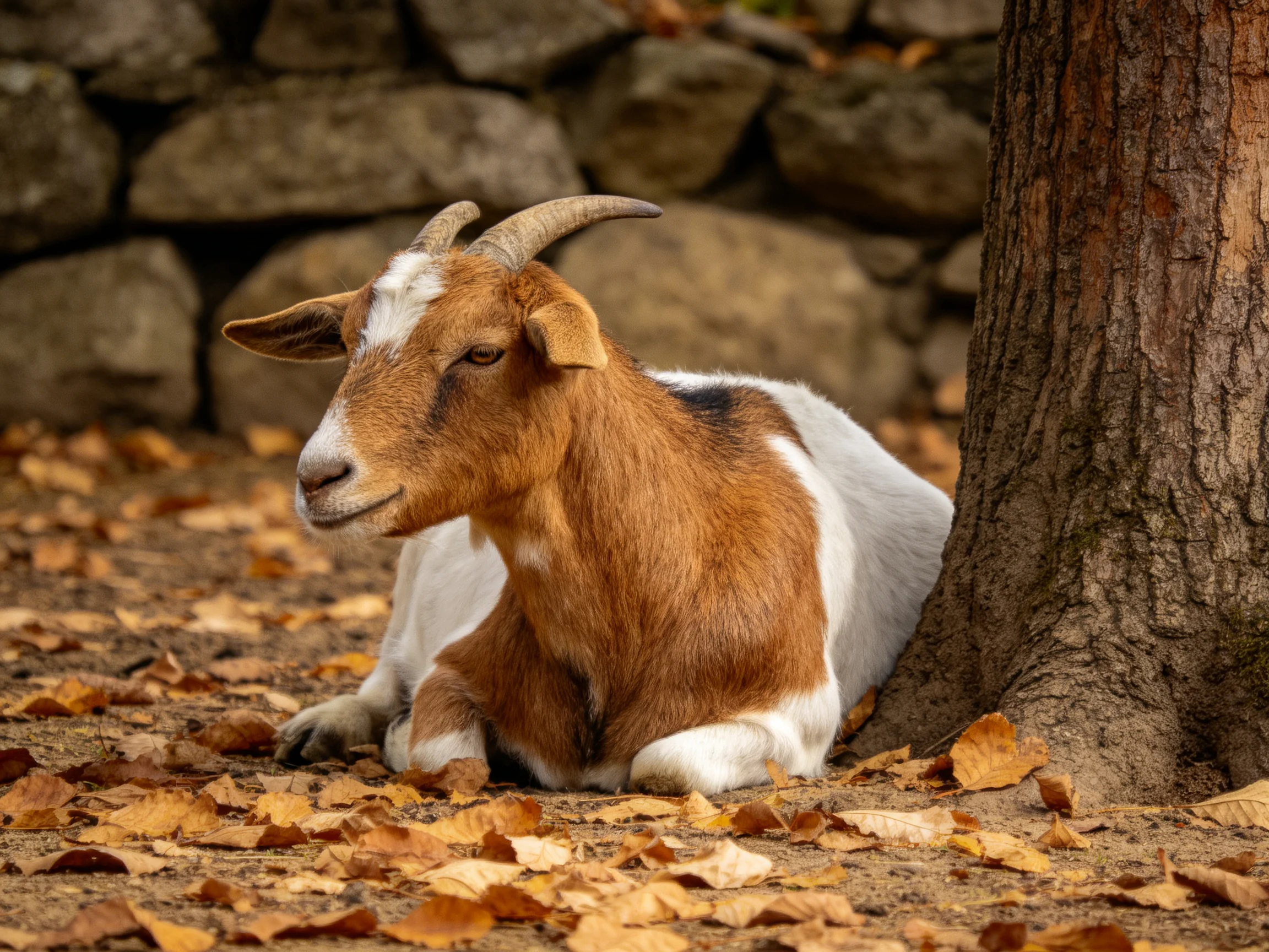 A brown and white goat rests by a tree amid autumn leaves