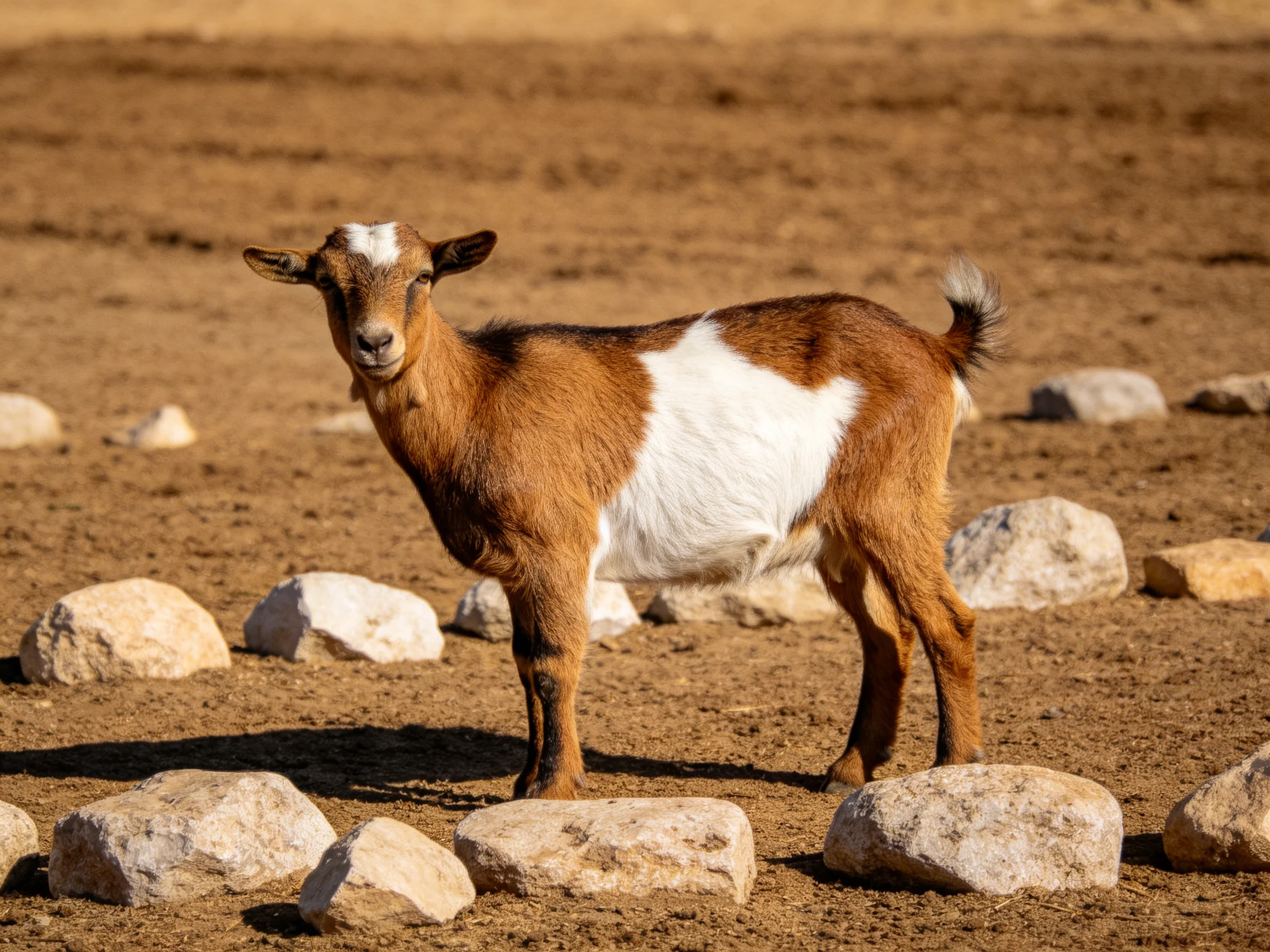 A brown and white goat stands among scattered rocks on dry earth
