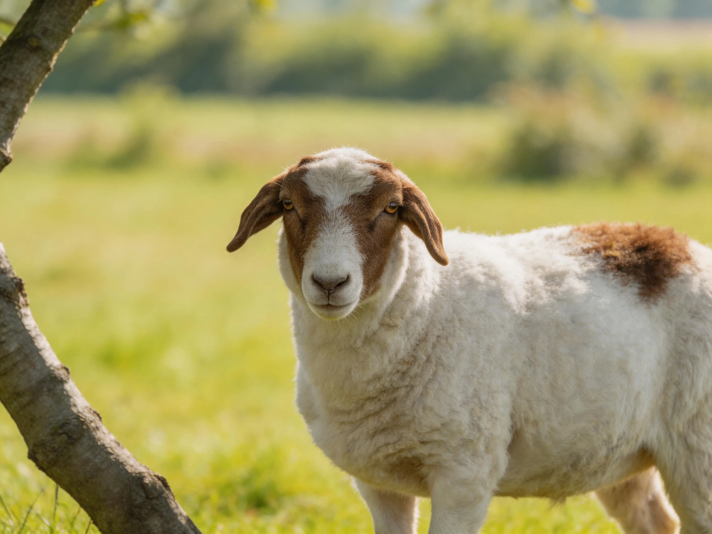 A brown and white goat stands beside a tree in a bright green pasture