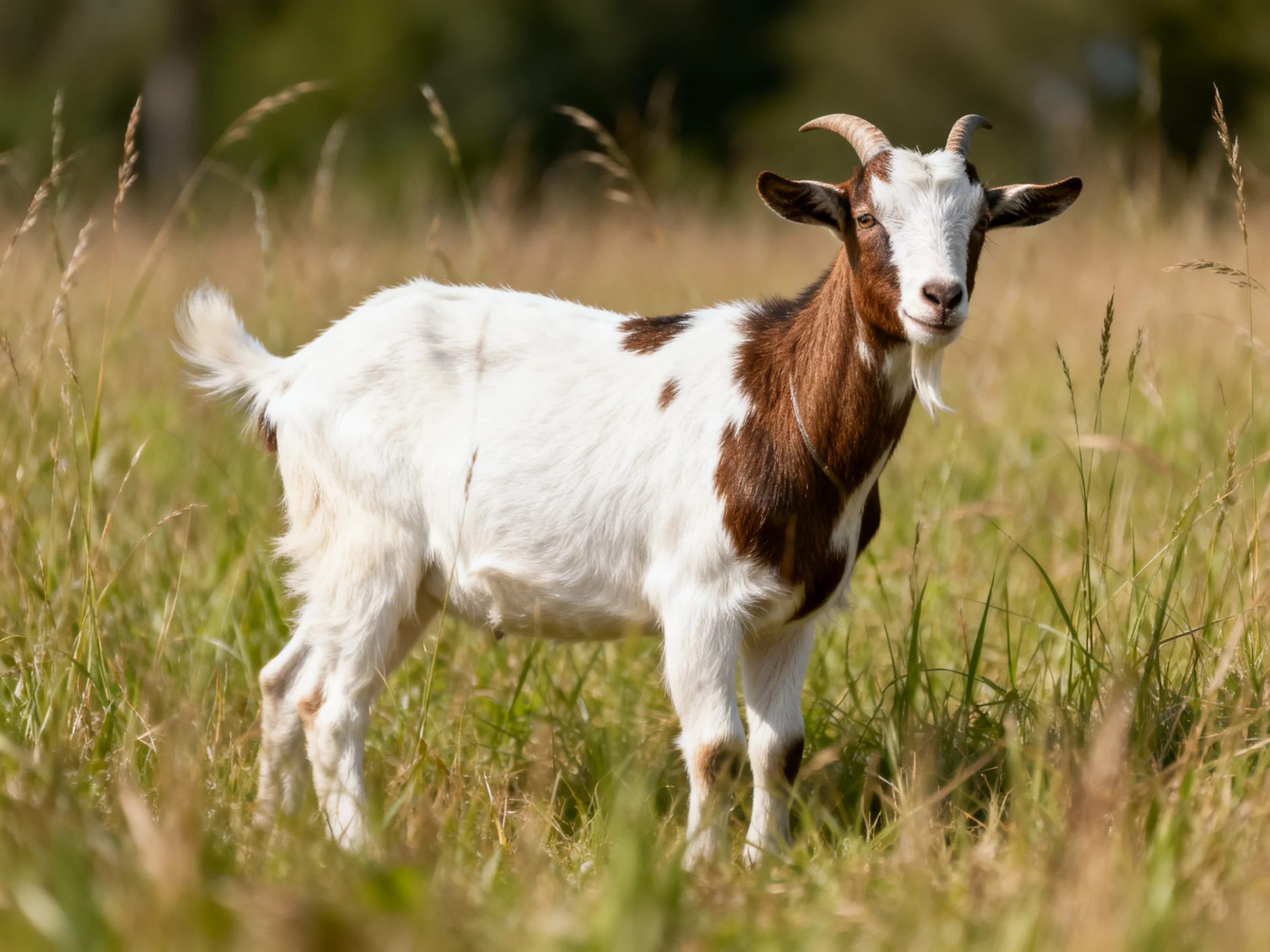 A brown-and-white goat stands in a sunlit grassy field