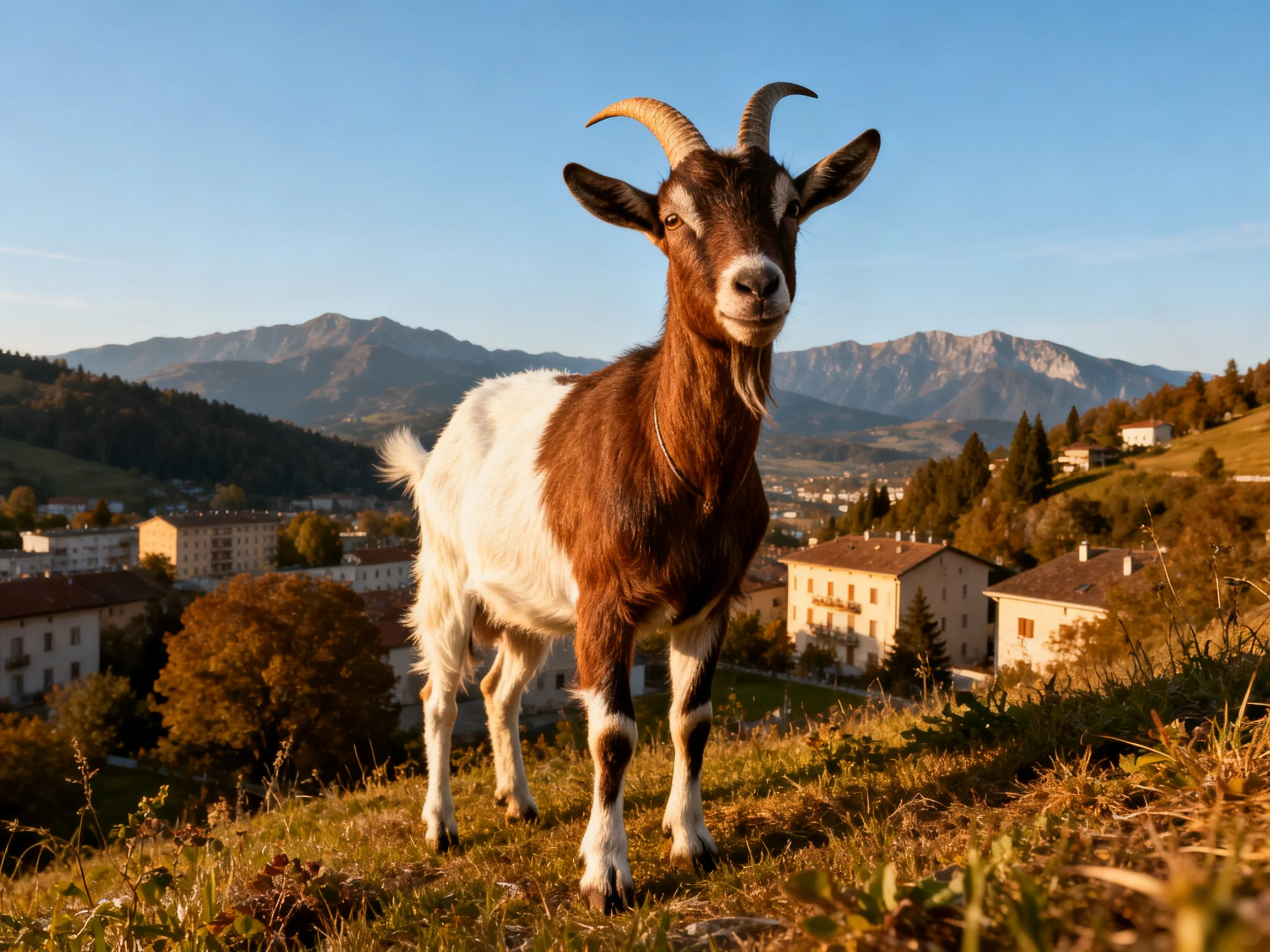 A brown and white goat stands on a grassy hillside near buildings