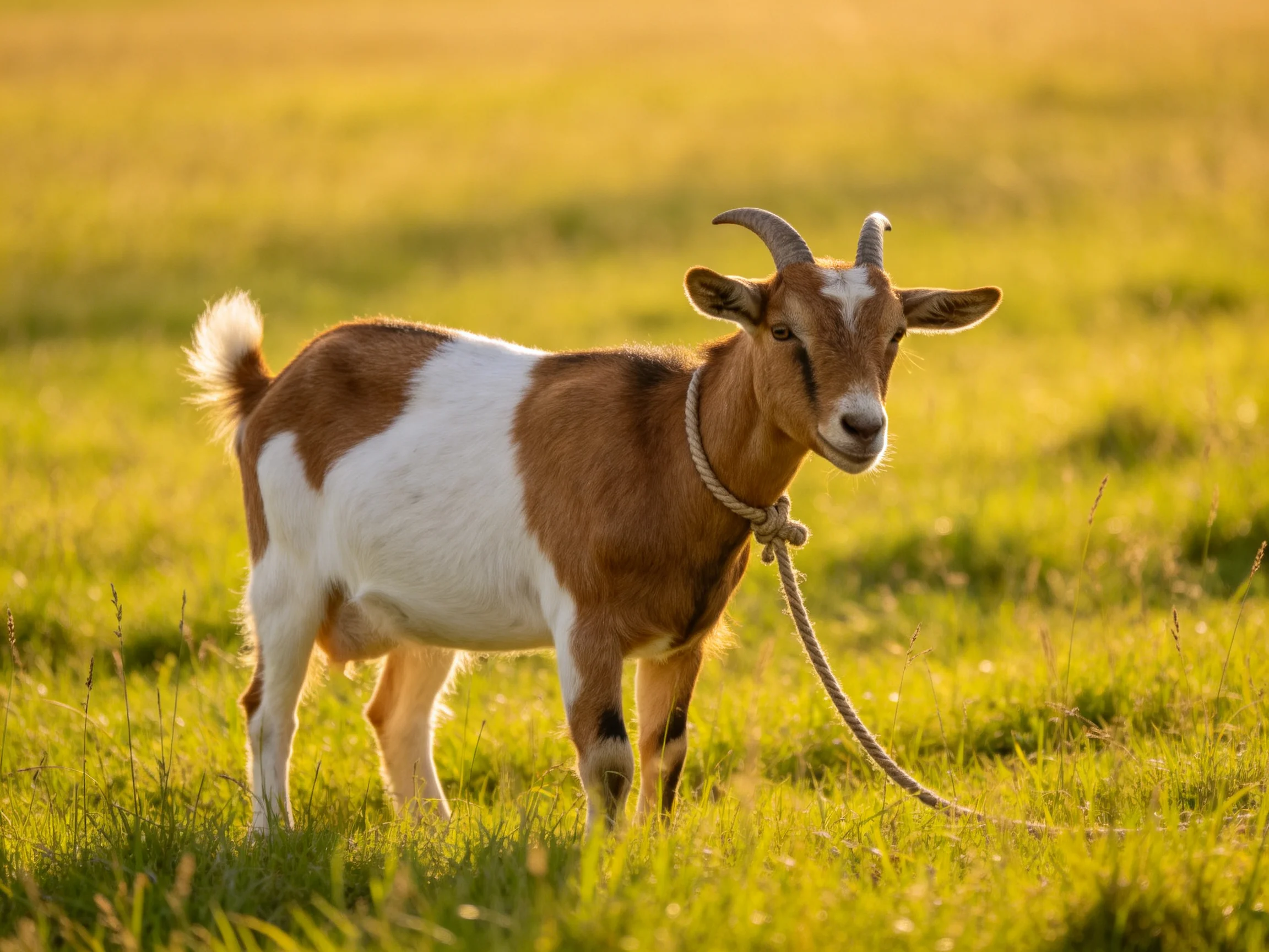 A brown and white goat with curved horns tied by a rope in a green meadow