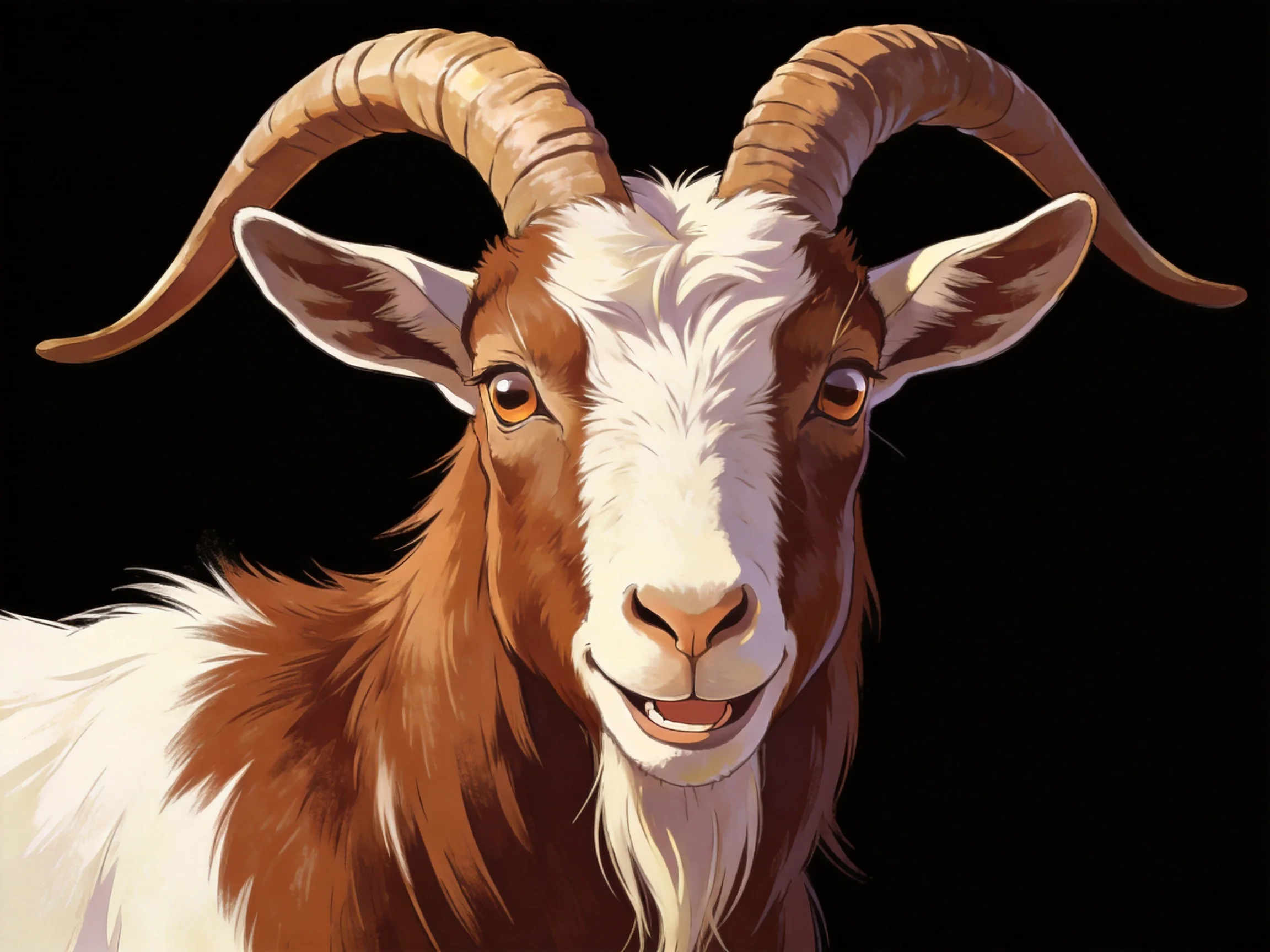 A brown and white goat with large curved horns against a solid black background