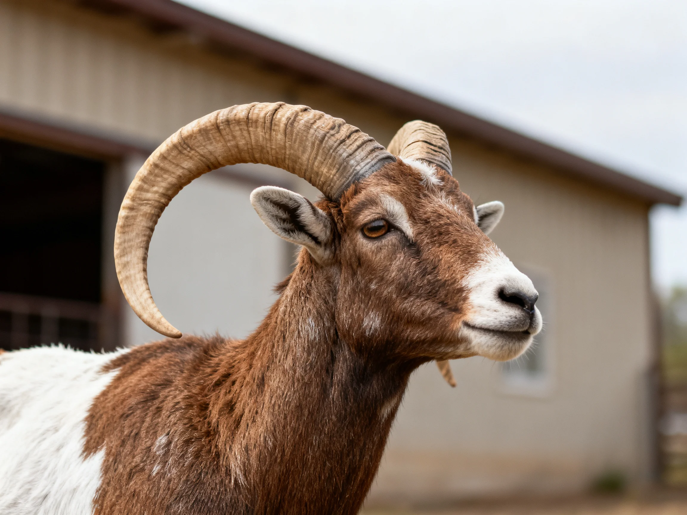 A brown and white goat with large curved horns near a barn