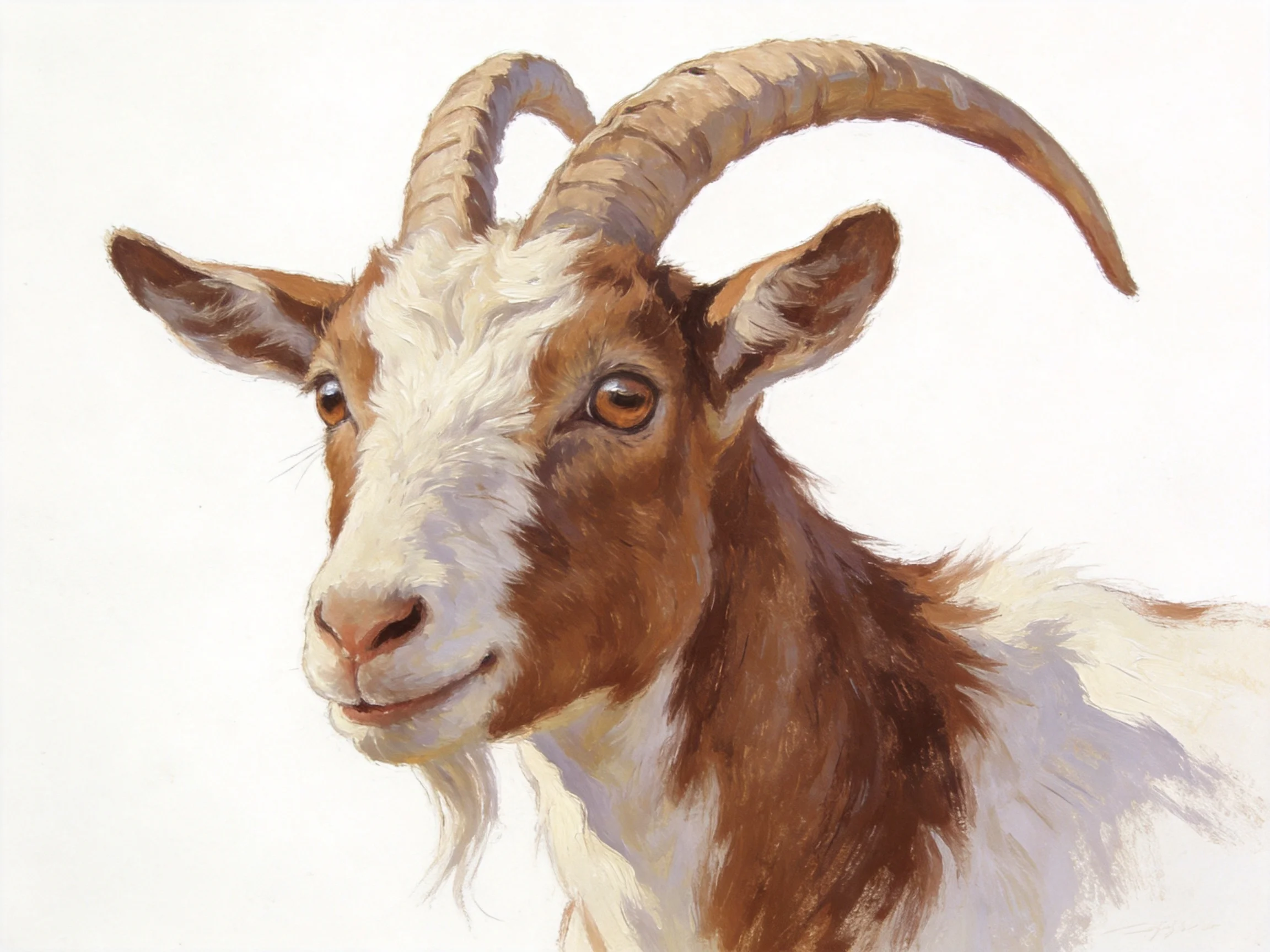 A brown and white goat with large curved horns