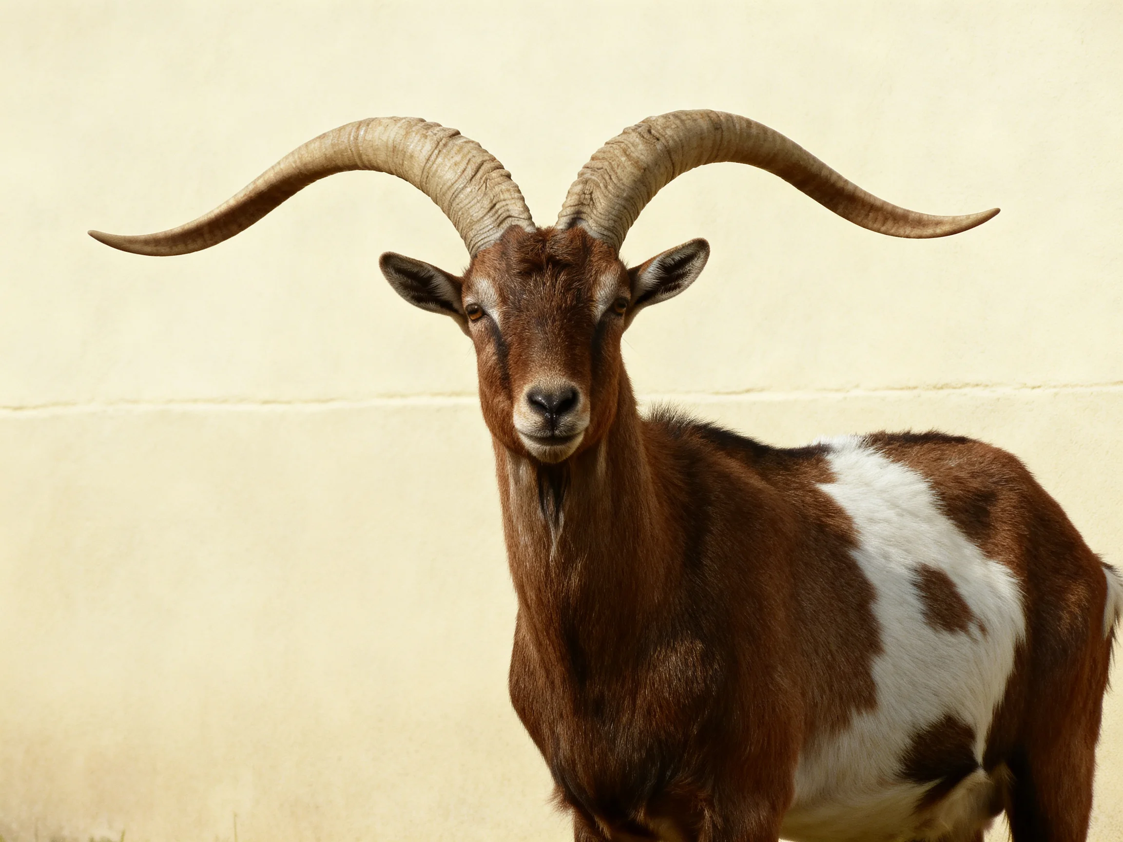 A brown and white goat with long curved horns against a plain wall