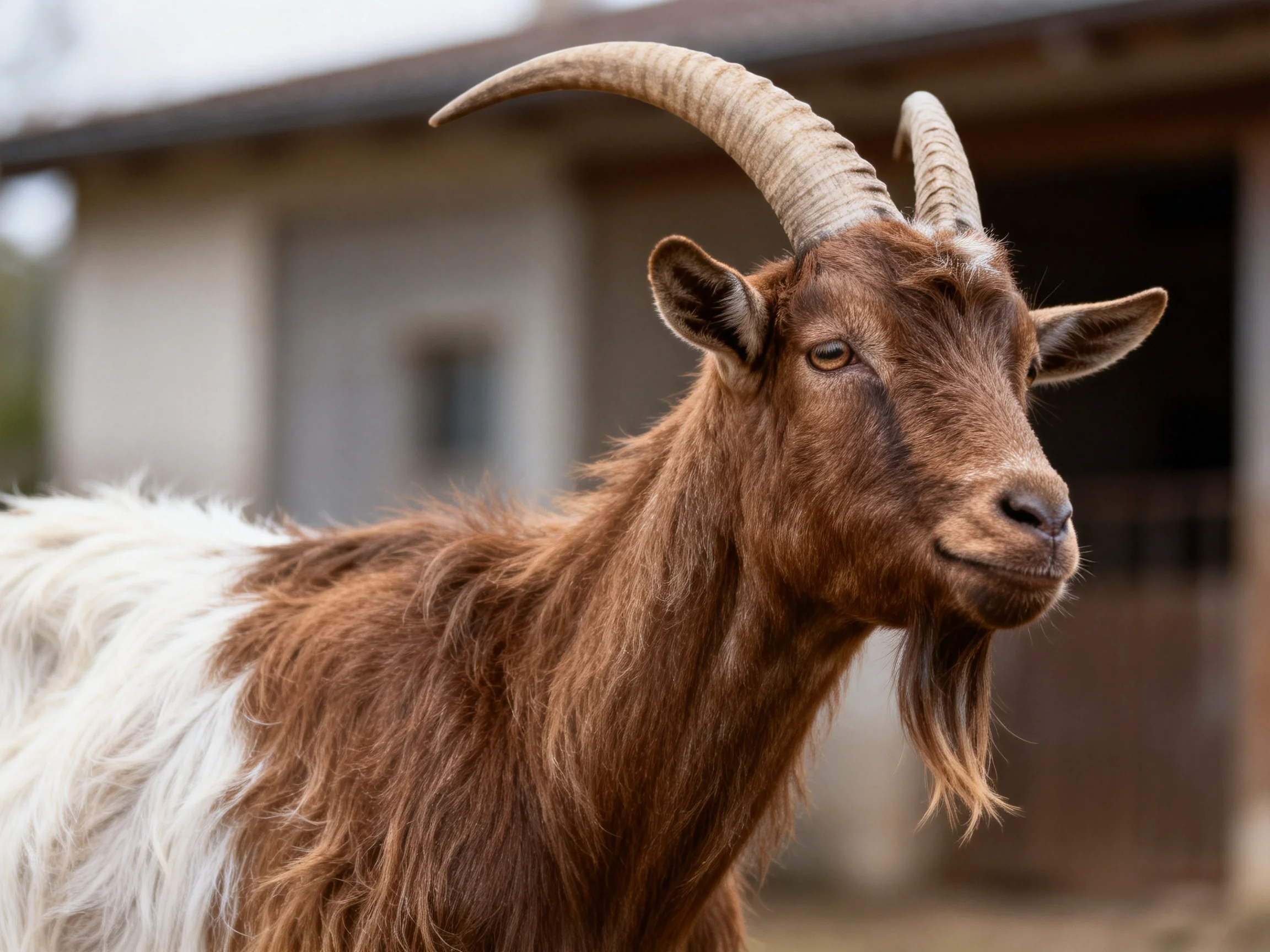 A brown and white goat with prominent curved horns near a barn