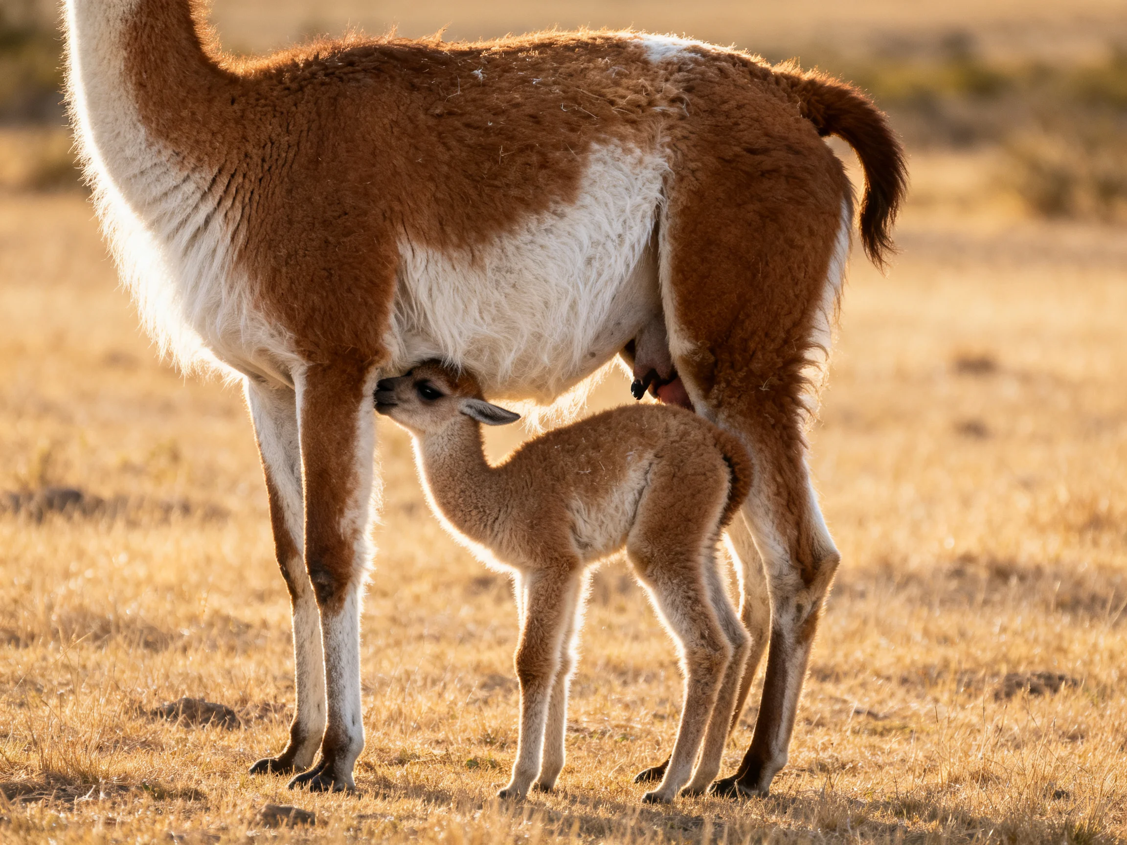 A brown and white guanaco nurses her young in a golden field