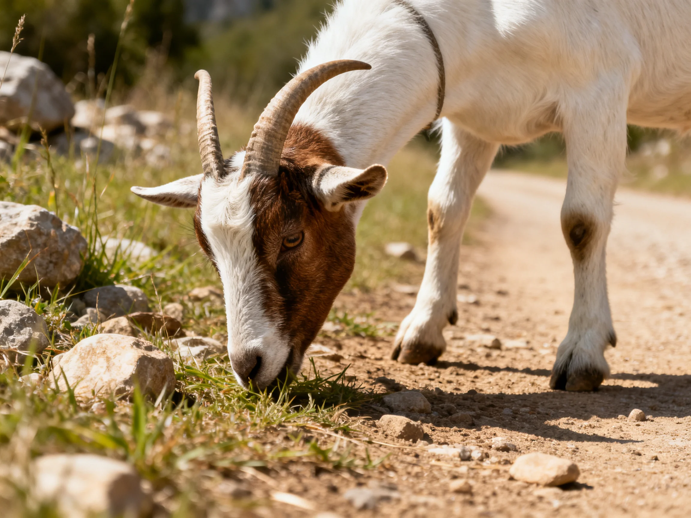A brown-and-white horned goatgrazing near rocks on a dirt path