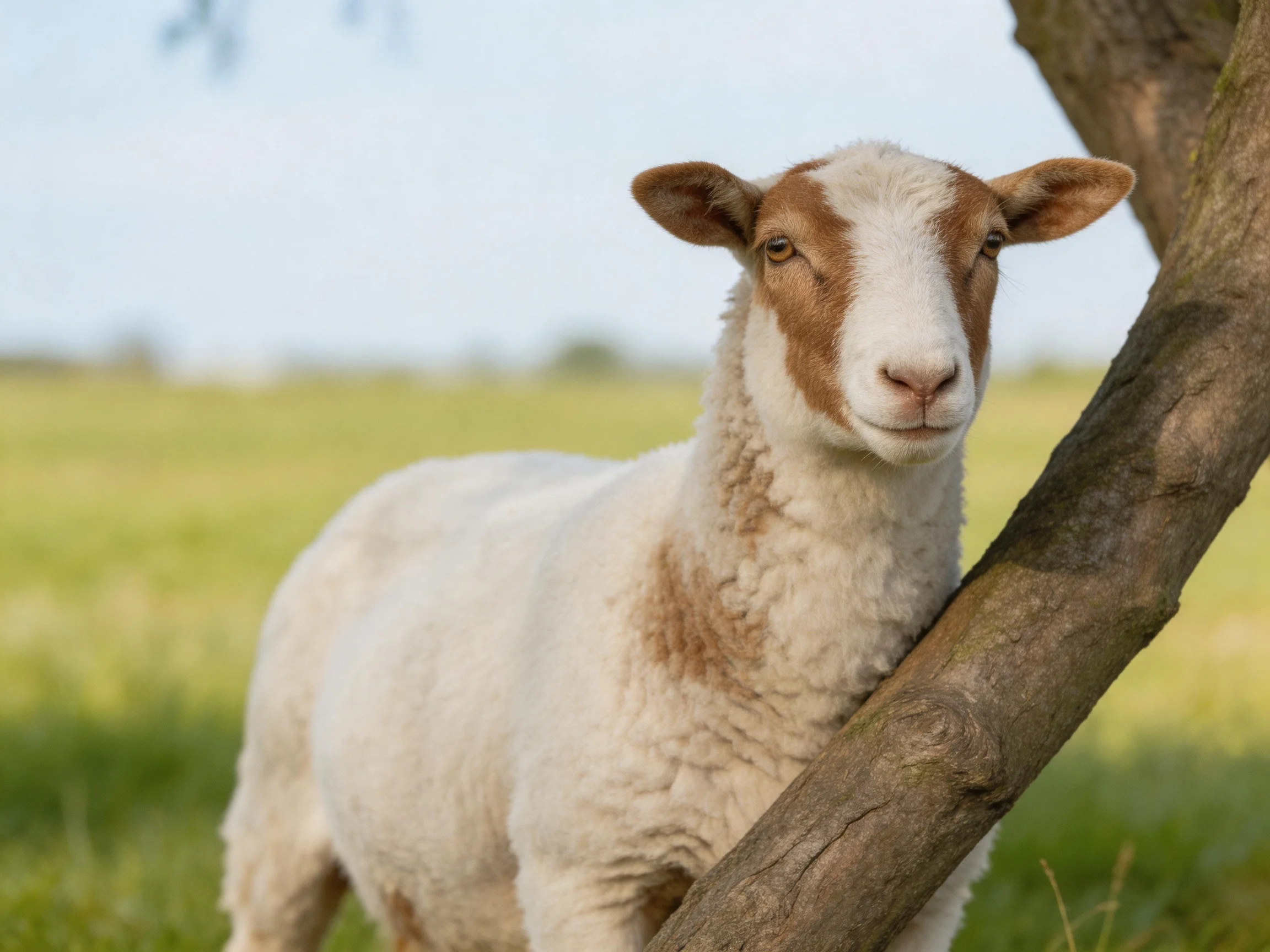 A brown-and-white lamb stands beside a tree in a sunny green meadow.