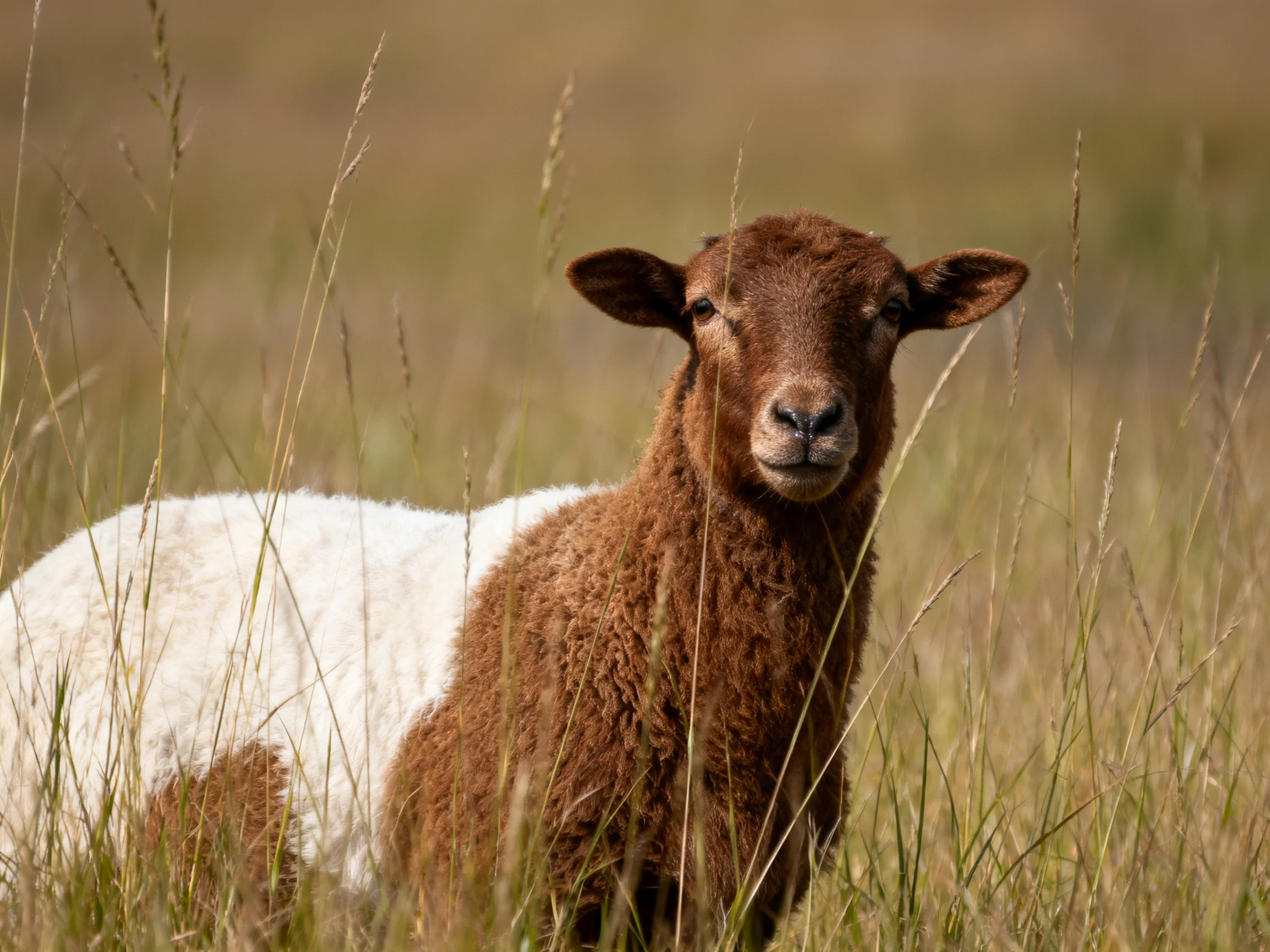 A brown and white lamb stands in a sunlit grassy field.