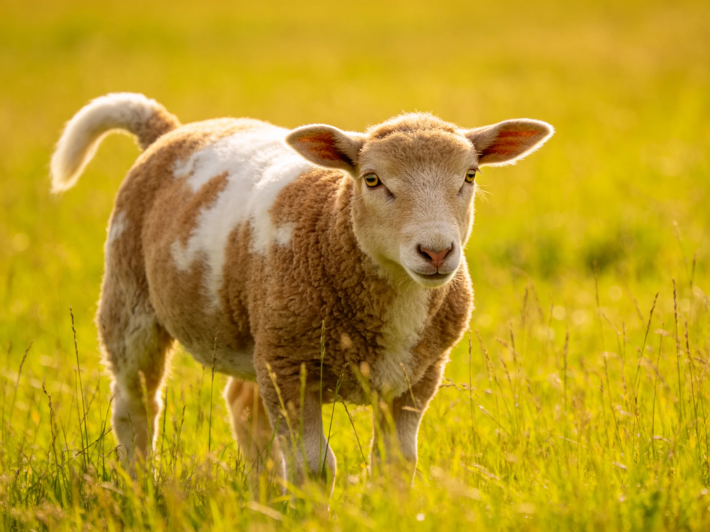 A brown and white lamb stands in a sunlit green meadow