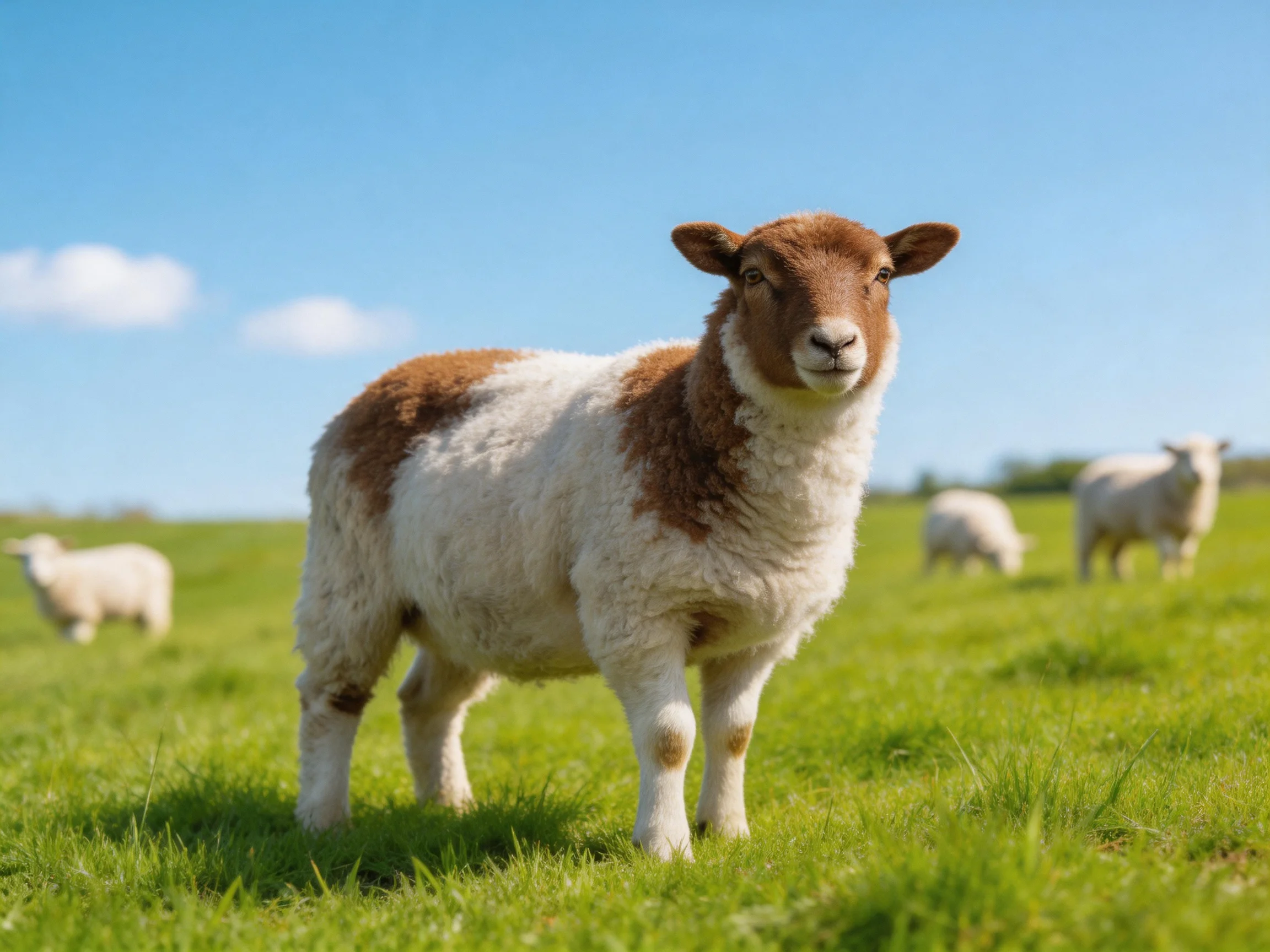 A brown-and-white lamb is the focal point in a sunny pastoral scene with other sheep