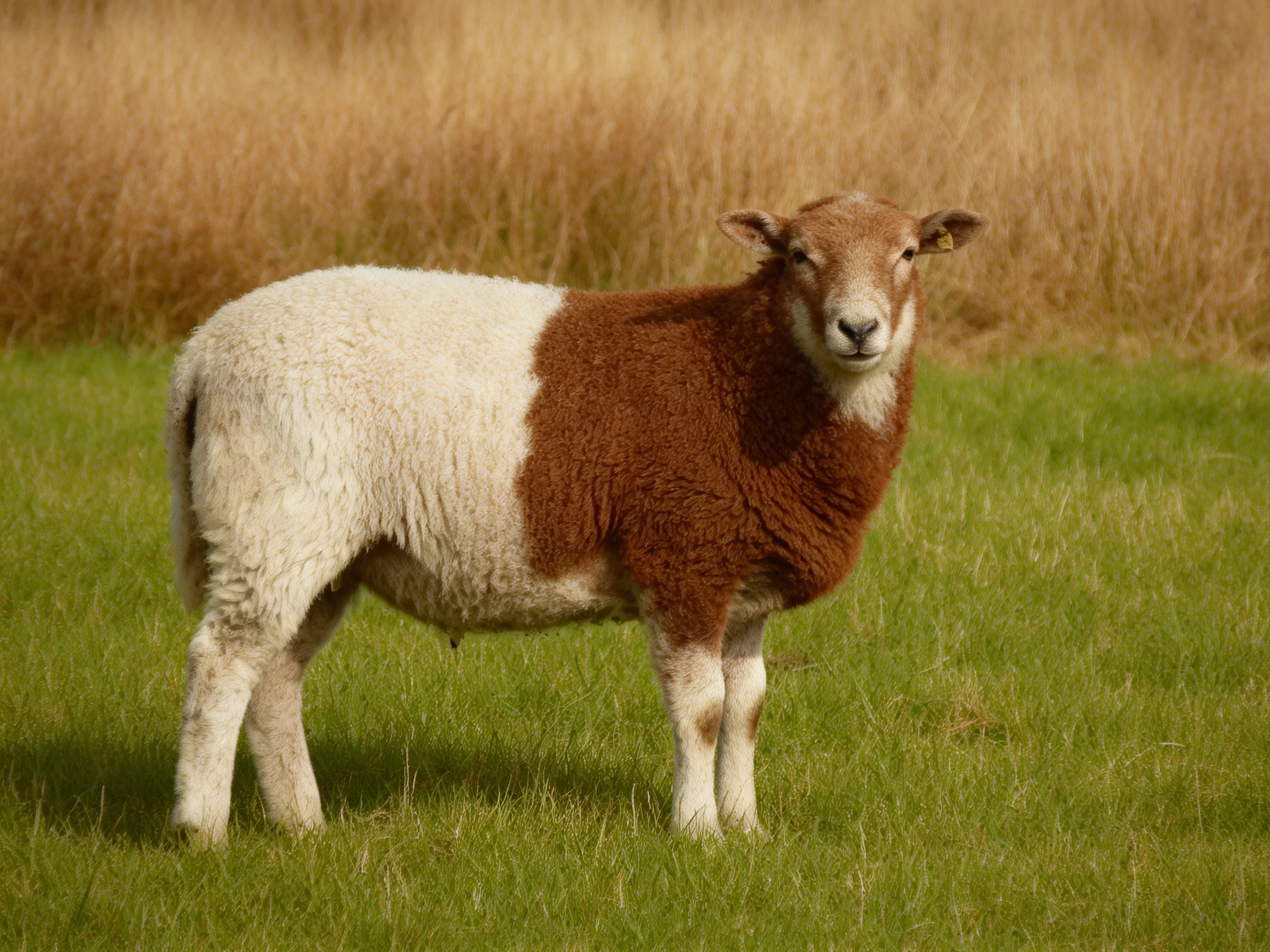 A brown and white lamb stands in green grass with golden hay behind