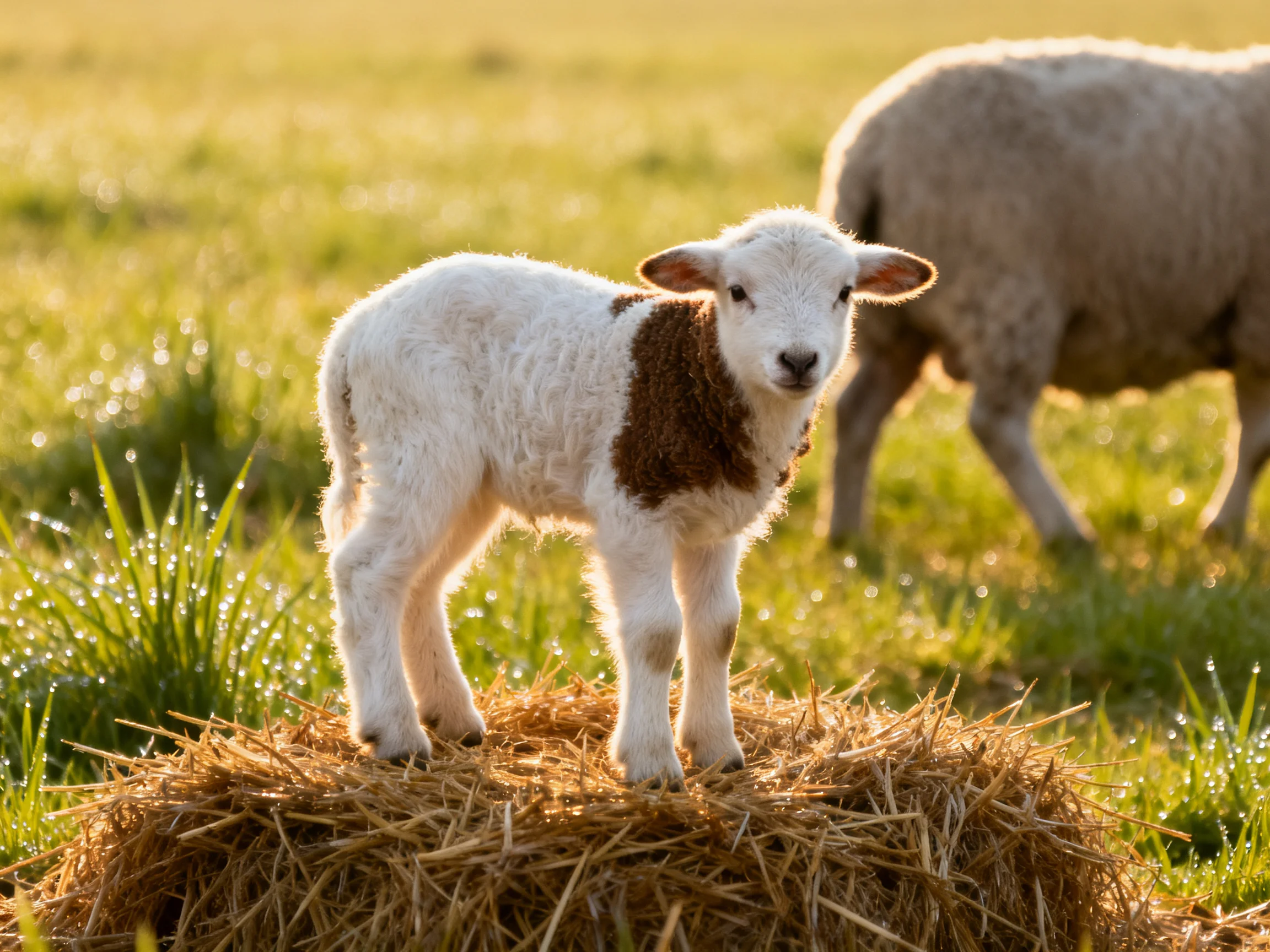 A brown-and-white lamb stands on hay in a sunlit meadow with an adult sheep.