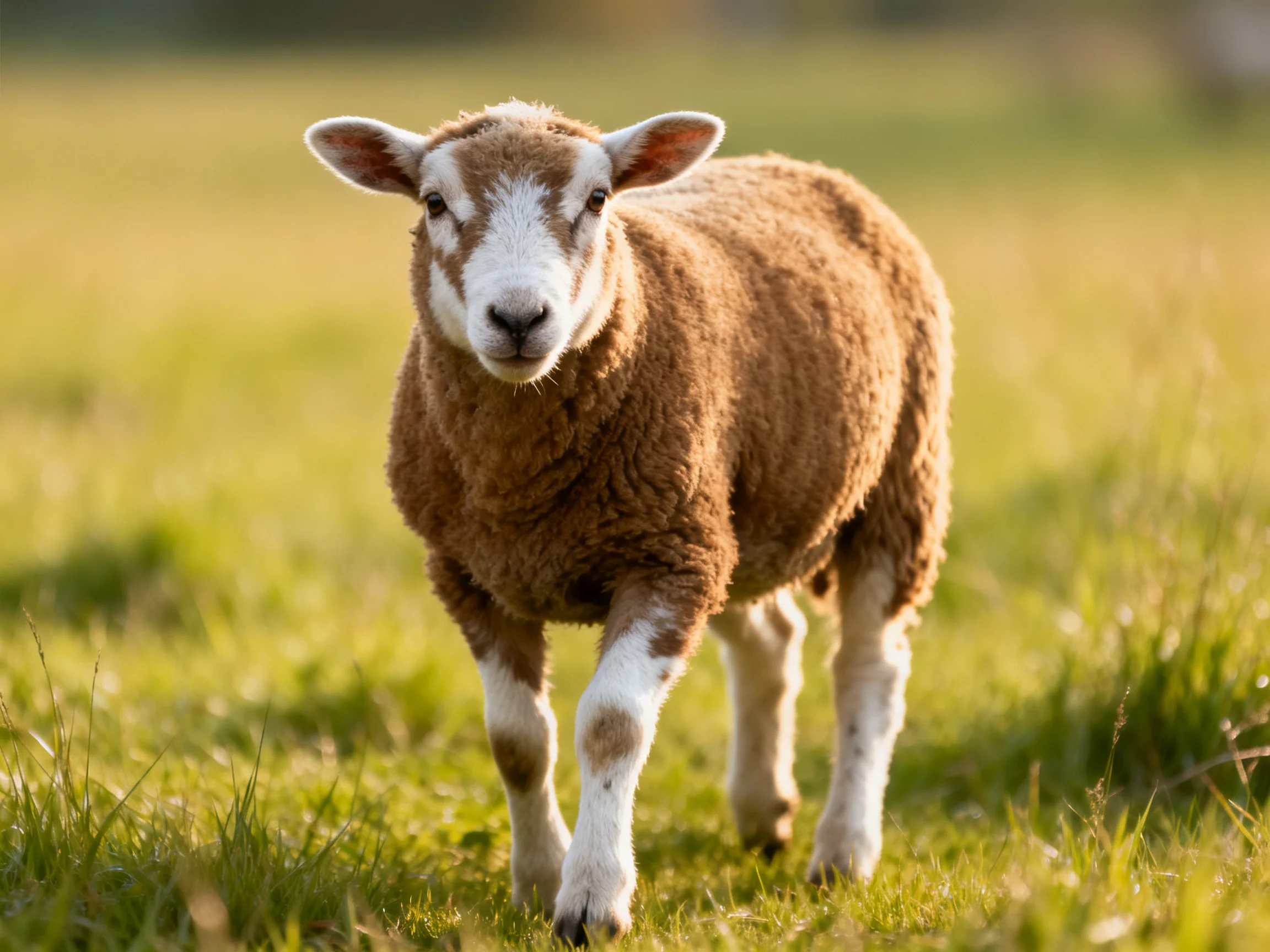 A brown and white lamb walking through a sunlit green meadow