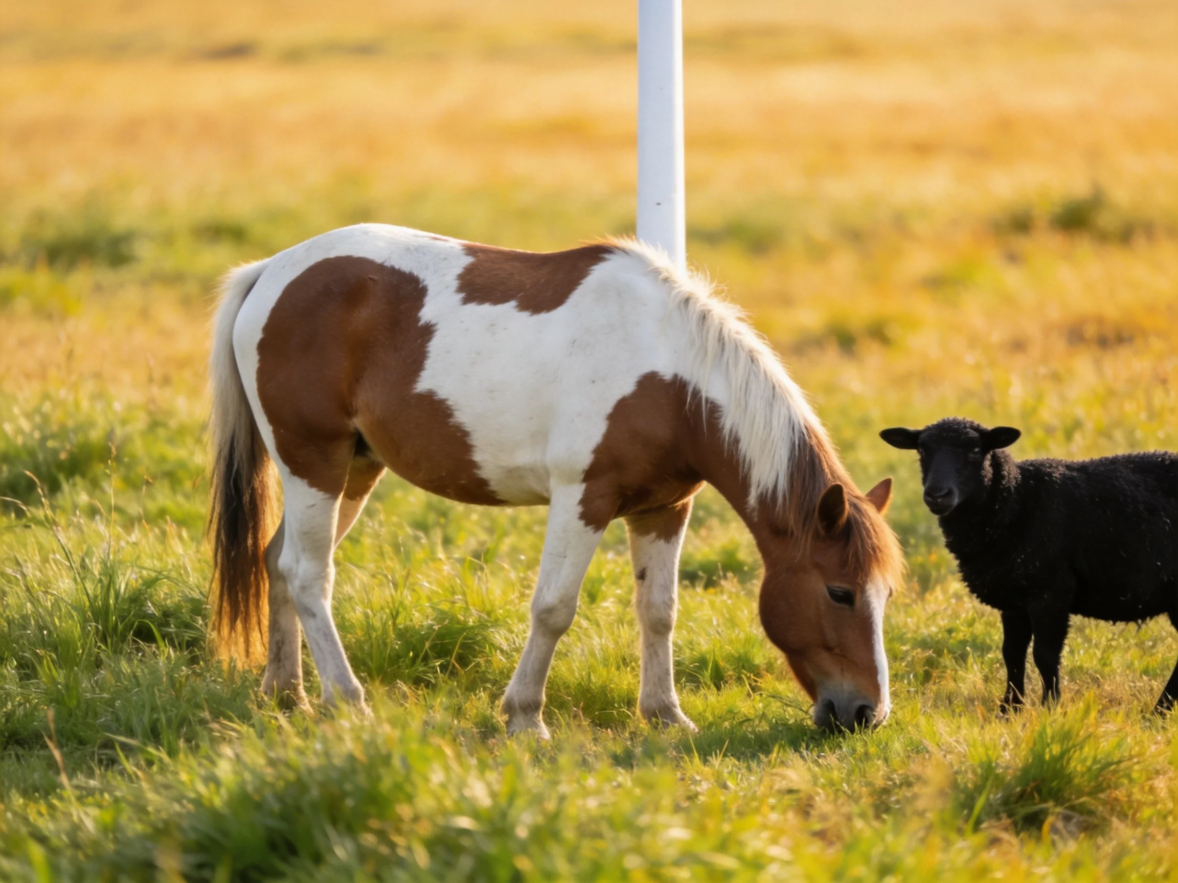 A brown and white pony grazes near a black lamb in golden grass