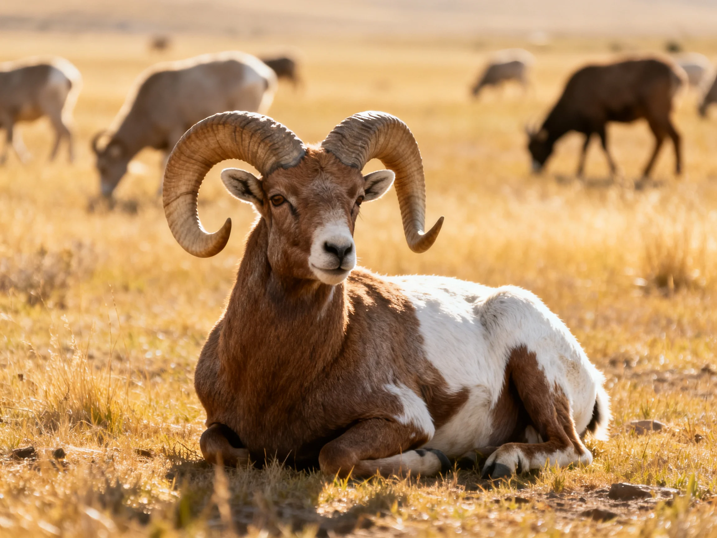 A brown and white ram rests amid grazing animals in golden grasslands