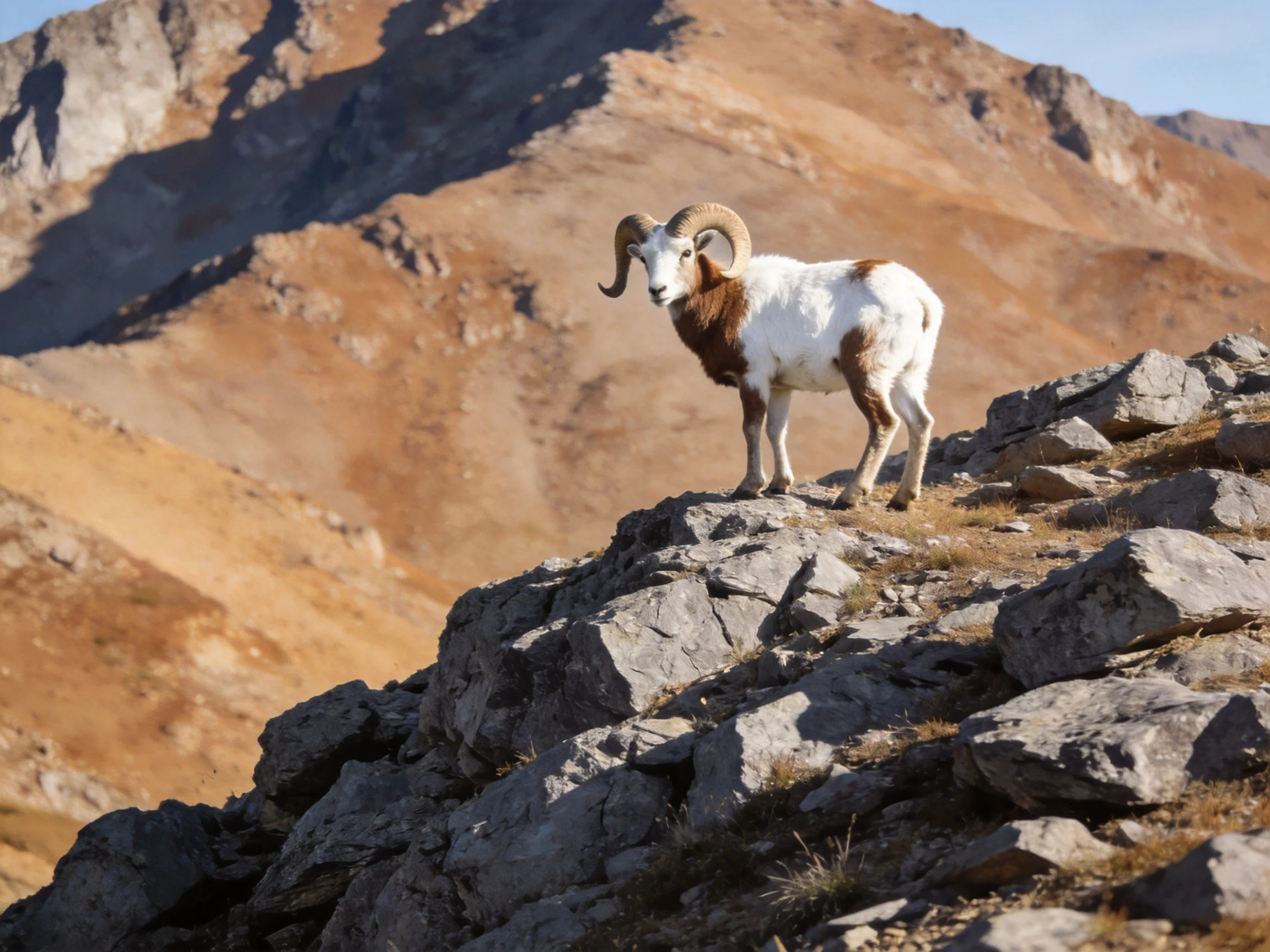 A brown and white ram stands on rocky mountain slopes