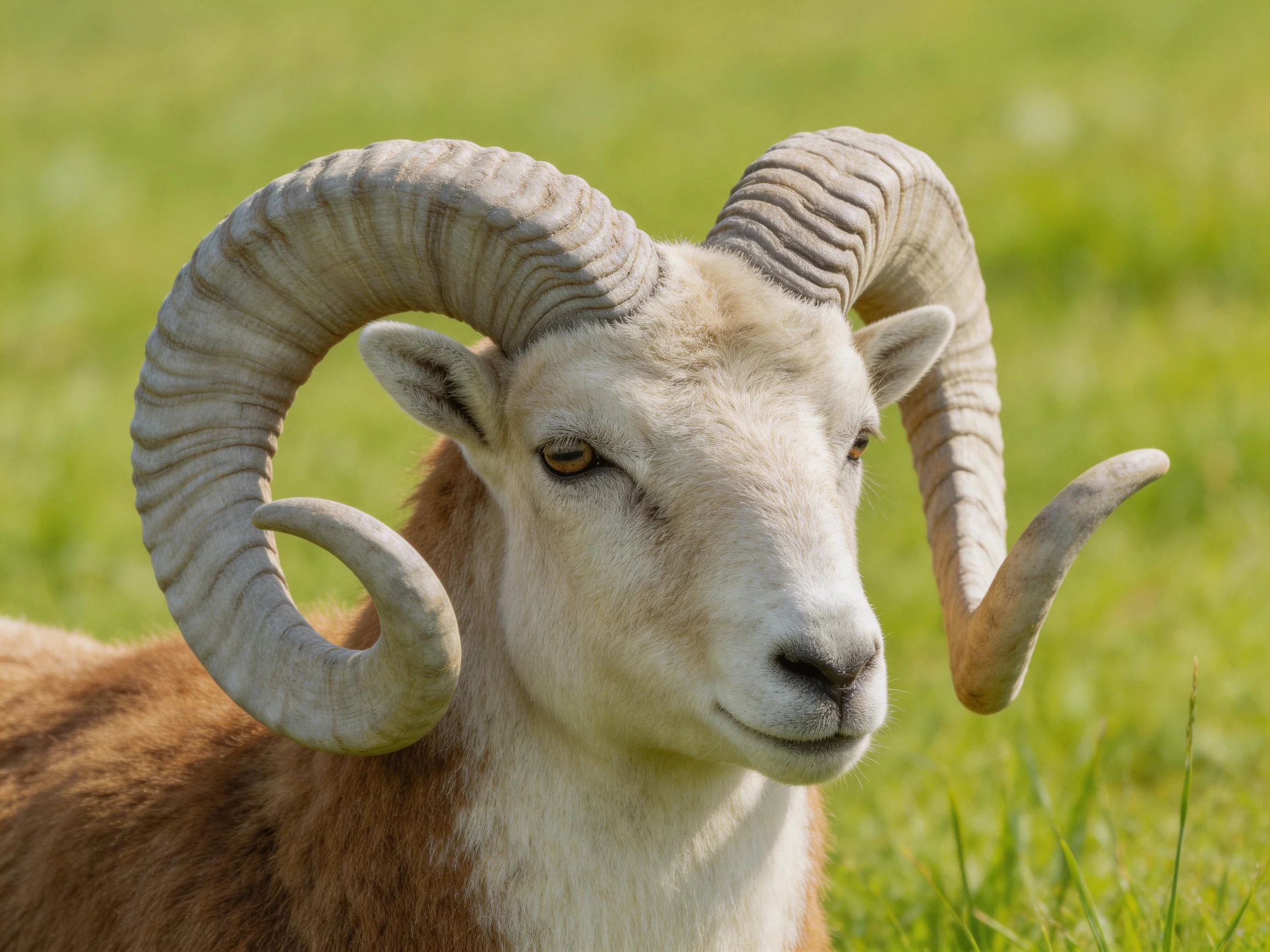 A brown and white ram with large curved horns in lush green grass