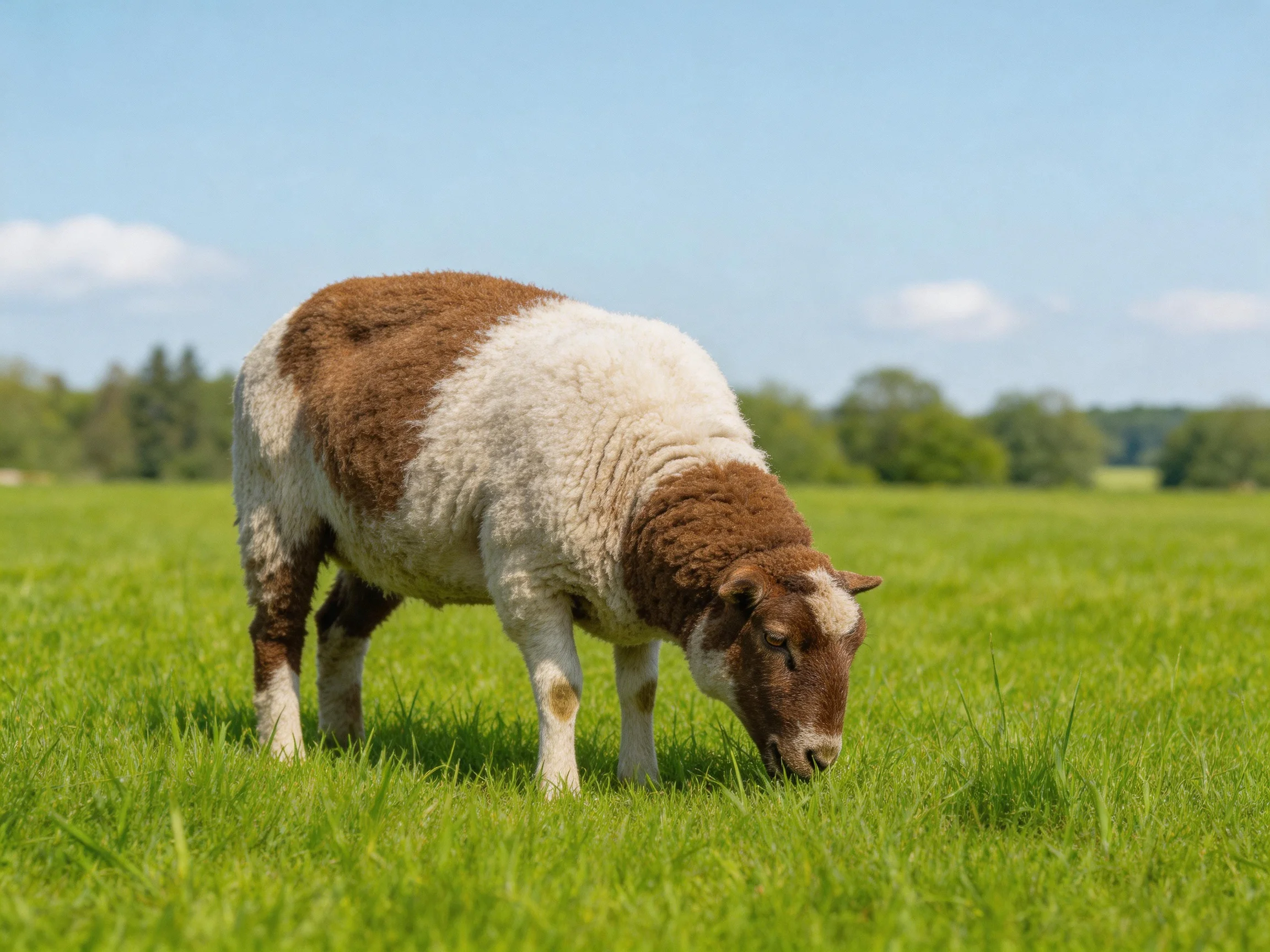 A brown and white sheep grazes in a lush green meadow