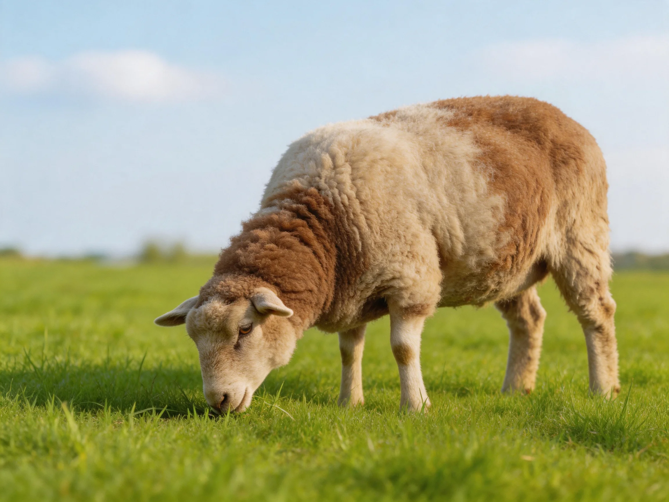 A brown and white sheep grazing in a lush green meadow