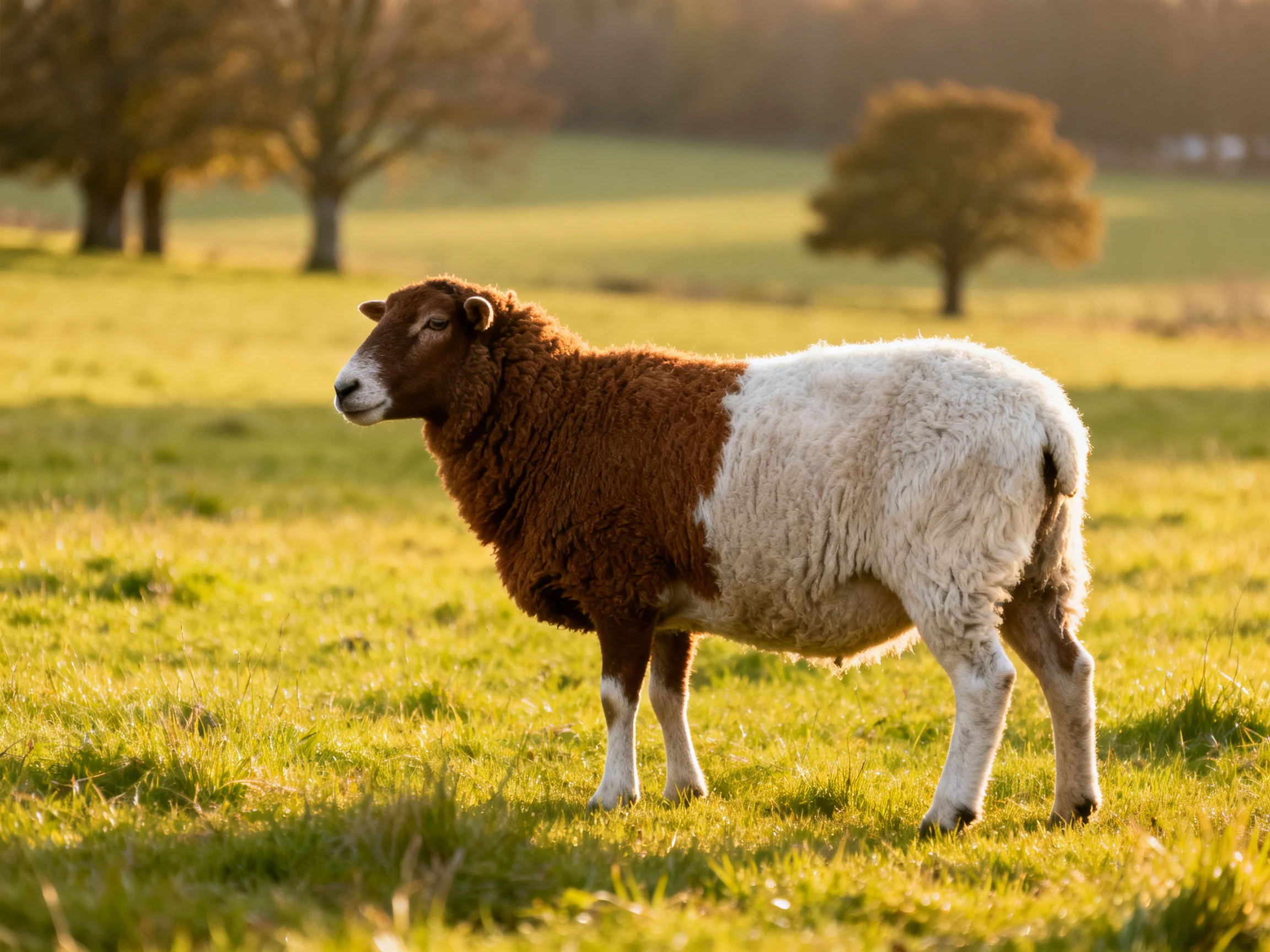 A brown and white sheep stands in a sunlit green pasture