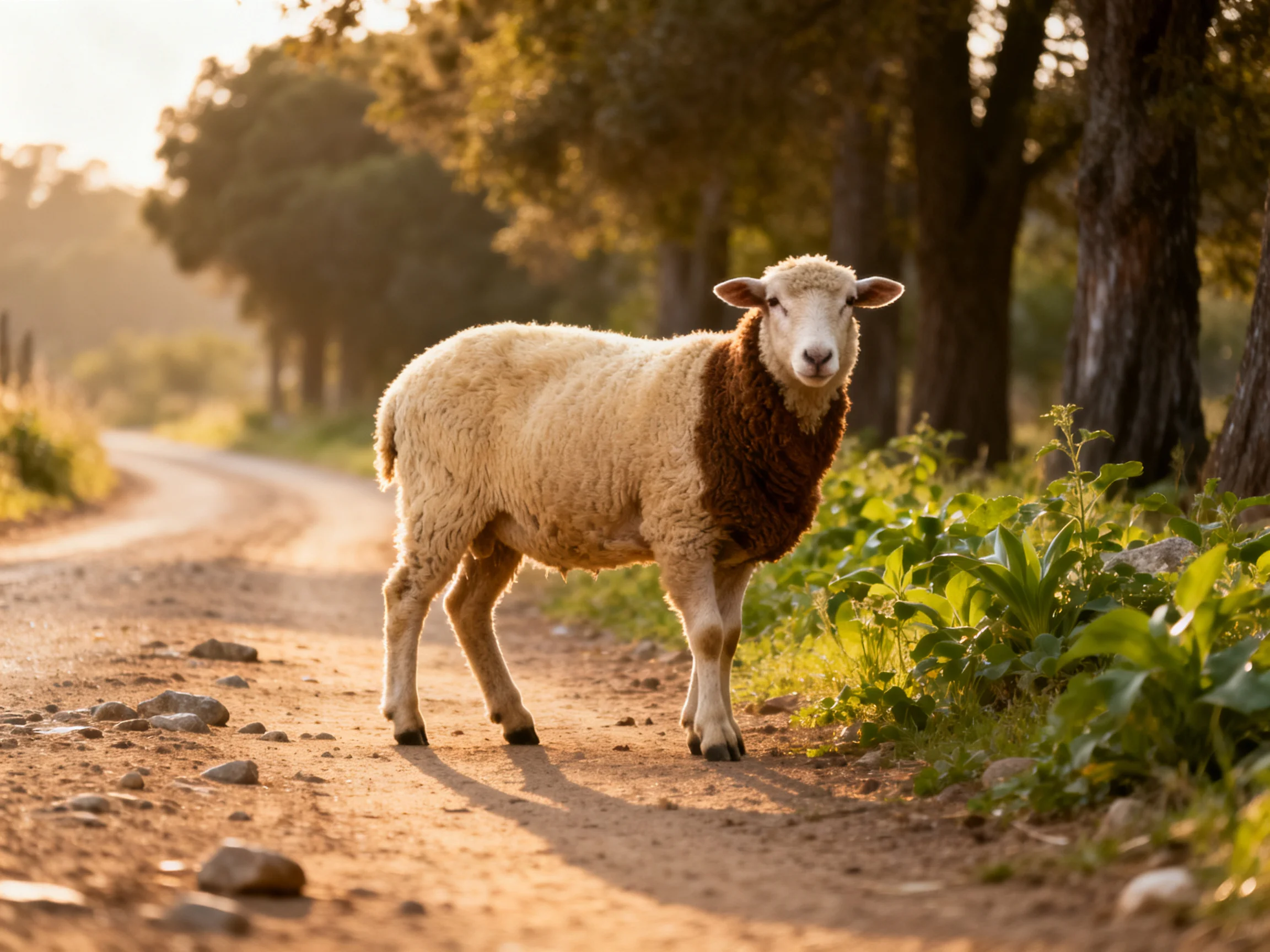A brown-and-white sheep stands ona sunlit dirt path near tall trees